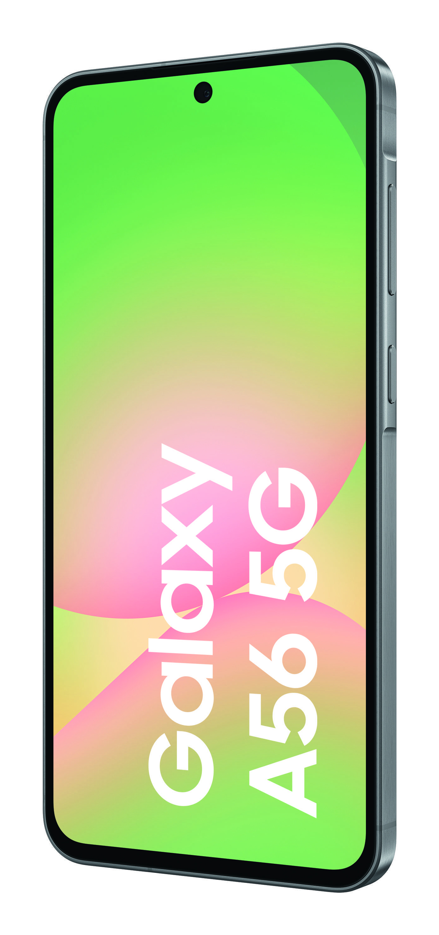 Uno smartphone grigio Samsung Galaxy A56 5G con schermo colorato.