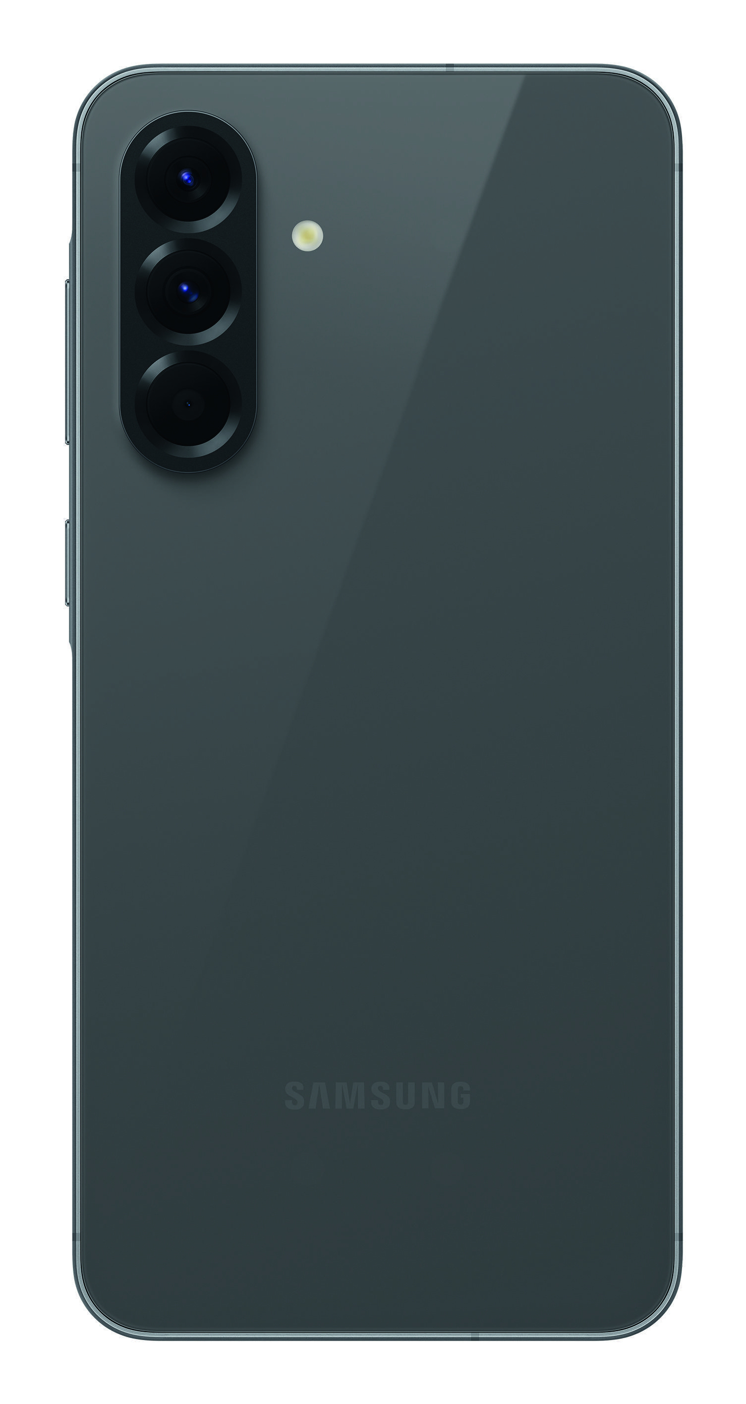 Retro di uno smartphone Samsung grigio scuro con tre fotocamere verticali e un flash in alto a sinistra.
