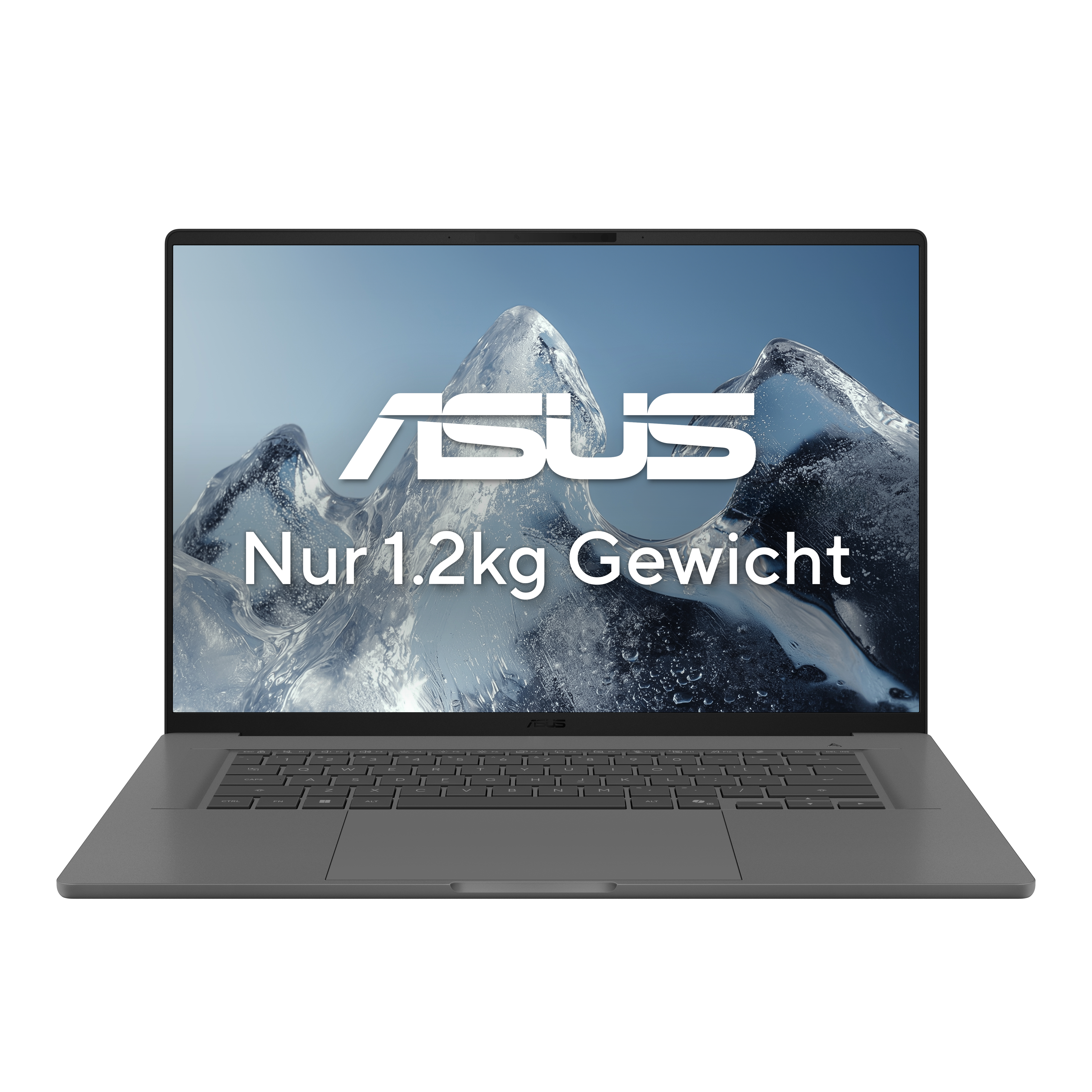 Ein offener grauer Asus-Laptop mit eisiger Bergkulisse und Werbetext auf dem Bildschirm.