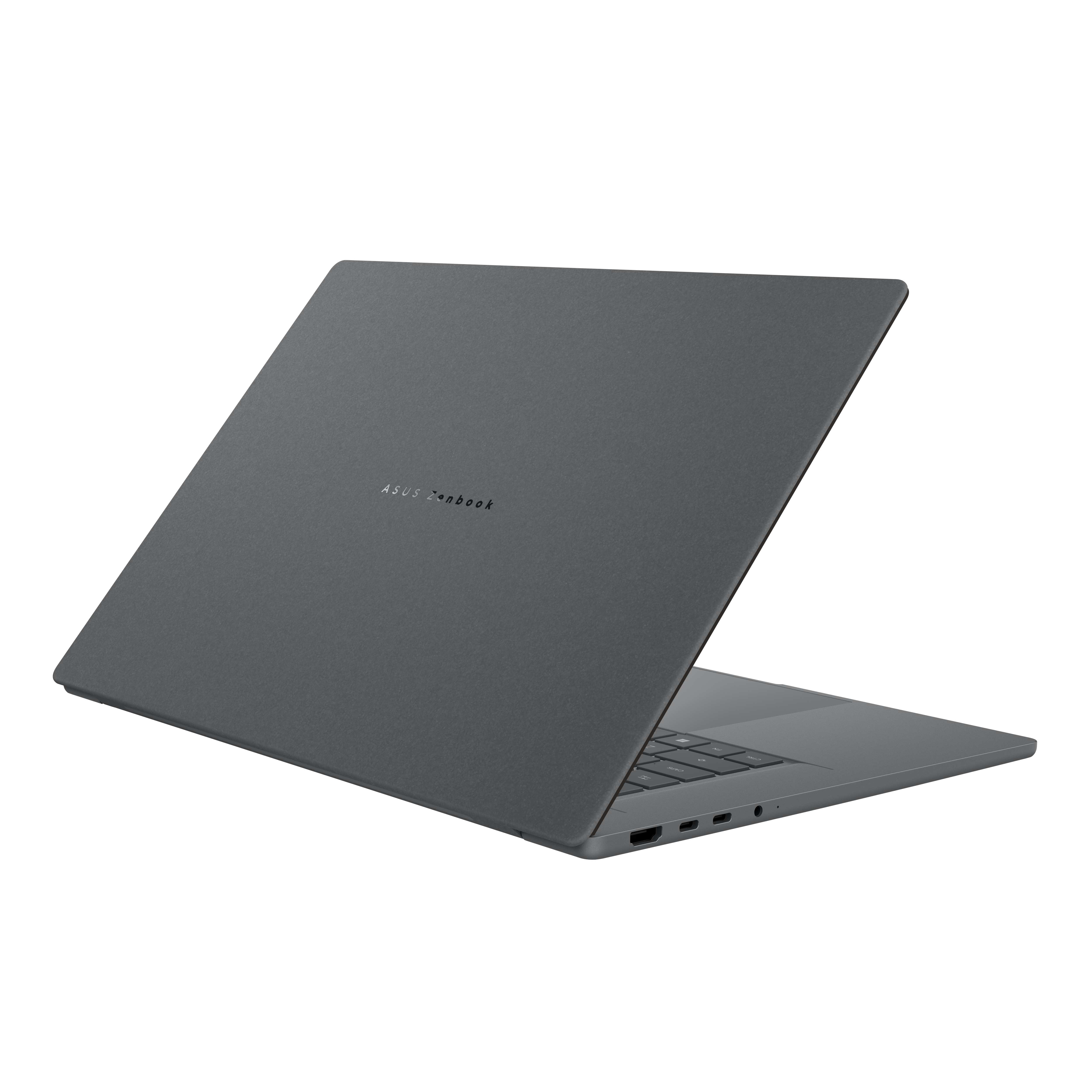 Ein grauer ASUS Zenbook Laptop steht auf weißem Hintergrund und zeigt das geschlossene Display mit Logo.
