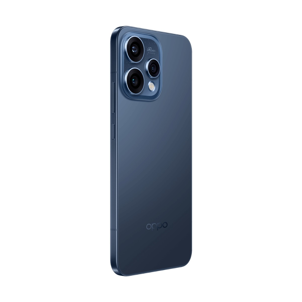 Vista trasera de un smartphone Oppo azul con un módulo de triple cámara y el logotipo de Oppo.
