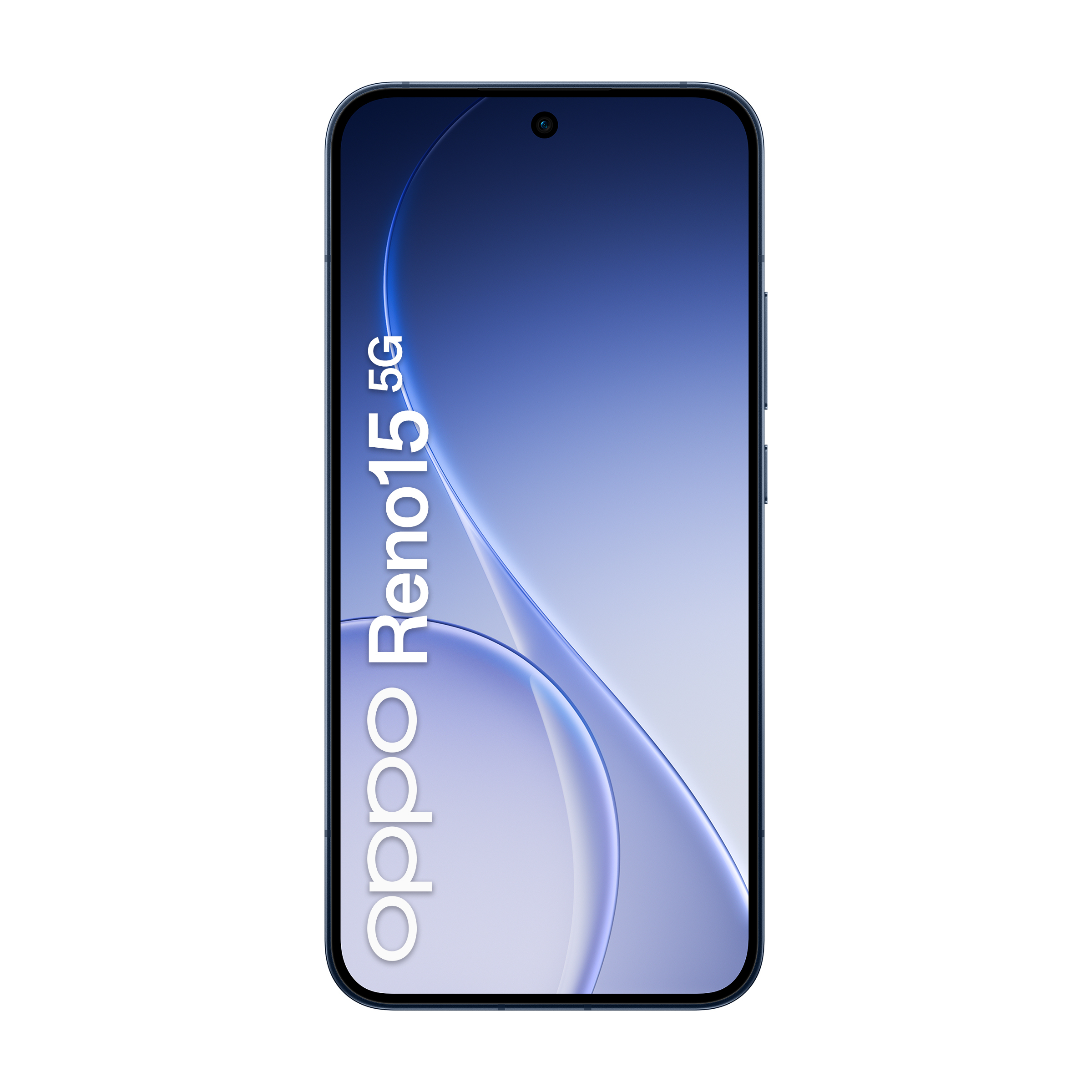 Uno smartphone con sfondo blu e testo bianco Oppo Reno15 5G sullo schermo.