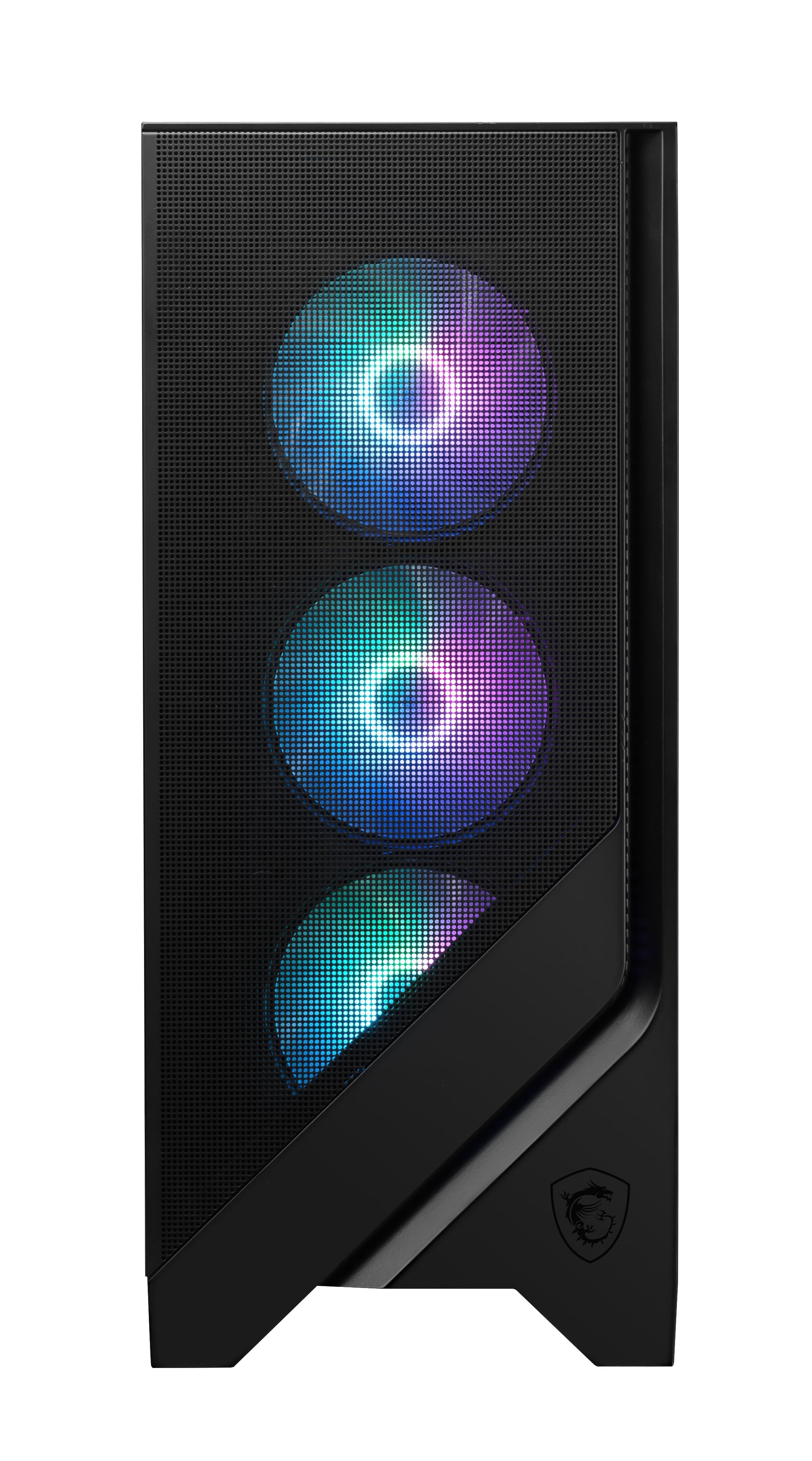 Schwarzes PC-Gehäuse mit Mesh-Front und drei beleuchteten RGB-Lüftern.