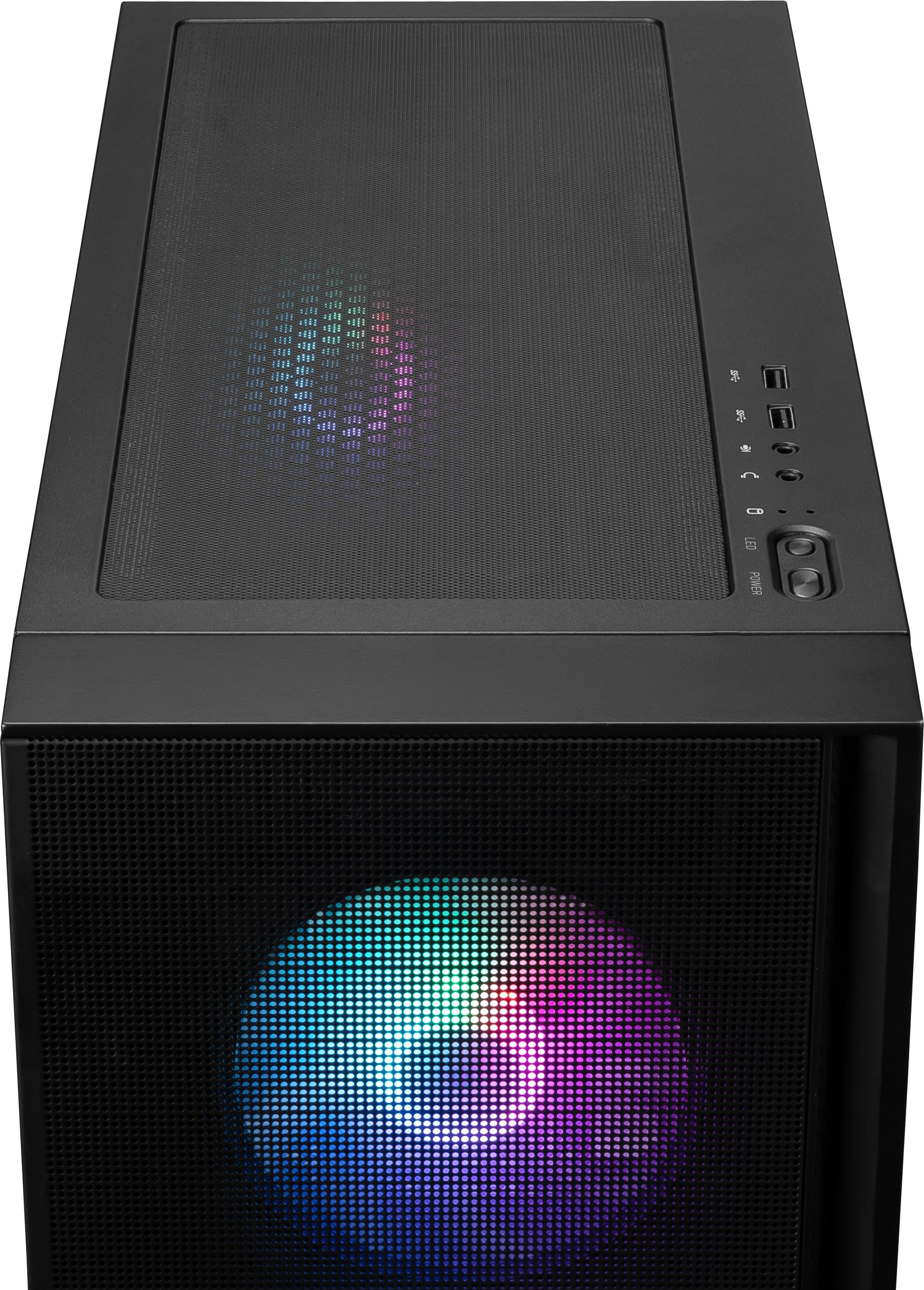Schwarzes PC-Gehäuse mit Mesh-Front, buntem RGB-Lüfter und Anschlüssen oben.