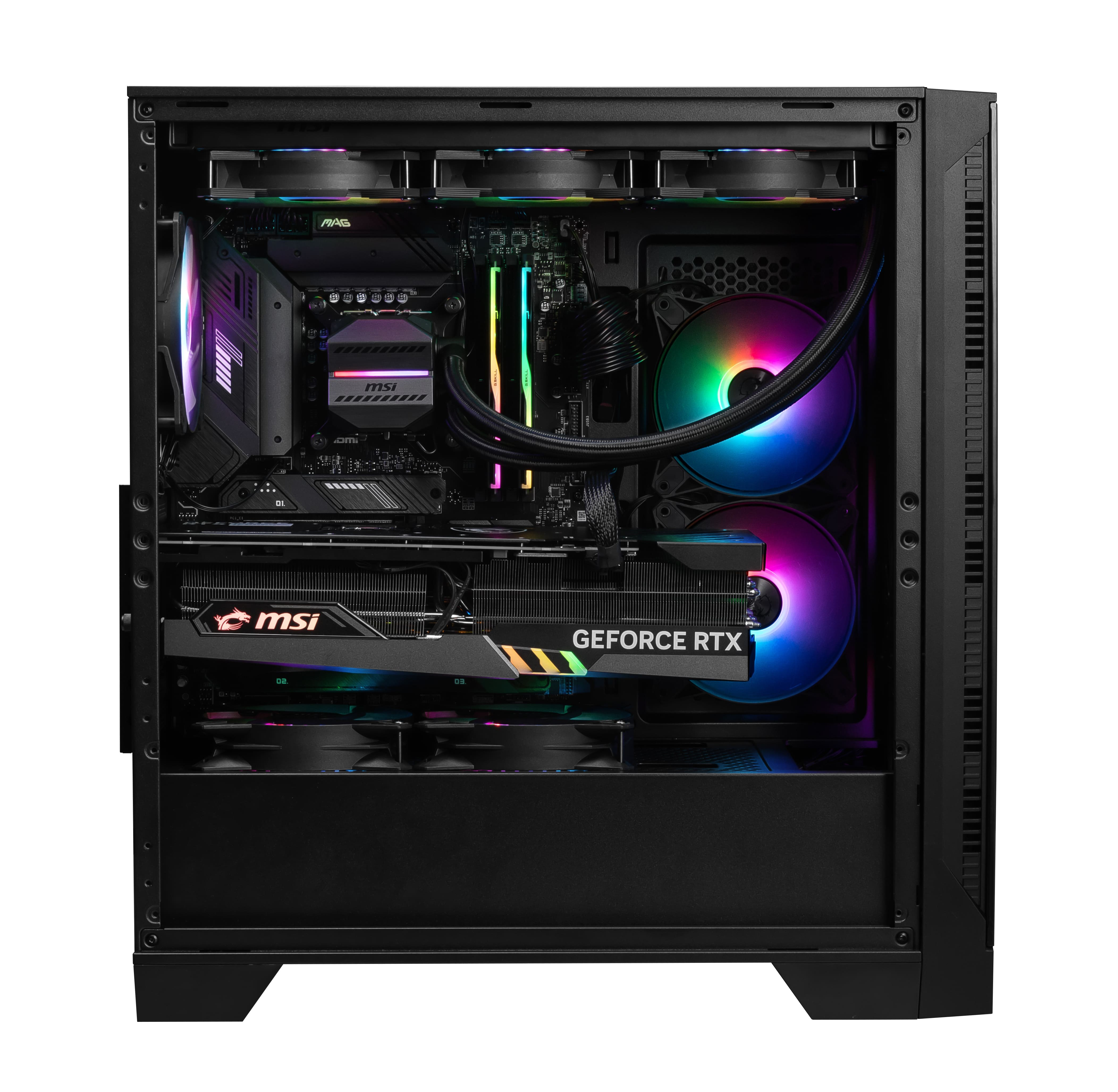 Inneres eines schwarzen PC-Gehäuses mit MSI-Mainboard, GeForce RTX Grafikkarte und bunten RGB-Lüftern.