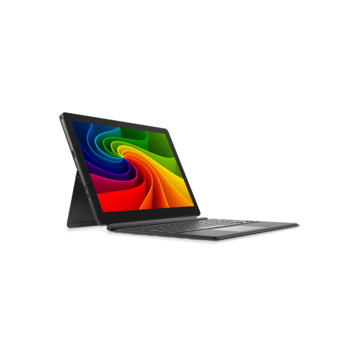 Ein schwarzes Tablet mit abnehmbarer Tastatur und bunten Wirbeln auf dem Display.