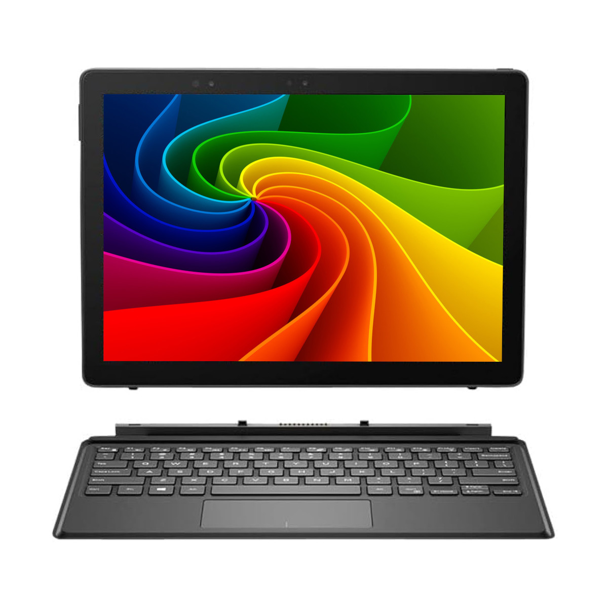 Ein schwarzes Tablet mit Regenbogen-Hintergrundbild und abgetrennter Tastatur auf weißem Grund.