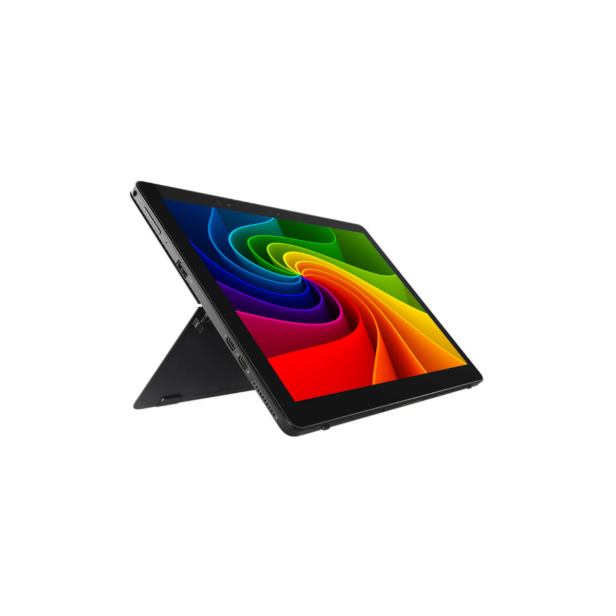 Ein schwarzes Tablet mit integriertem Ständer zeigt einen bunten, wellenförmigen Regenbogen-Bildschirm.