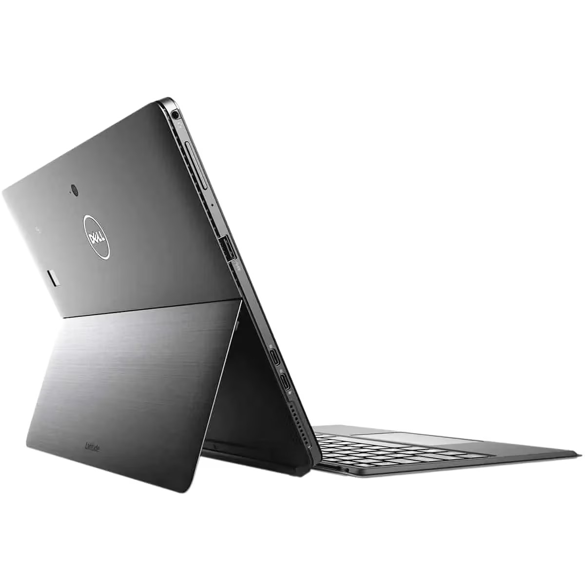 Ein graues Dell Latitude Tablet mit integriertem Ständer und abnehmbarer Tastatur.