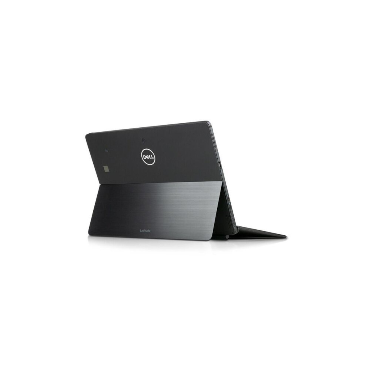 Rückansicht eines schwarzen Dell Latitude Tablets mit integriertem Ständer auf einer weißen Oberfläche.