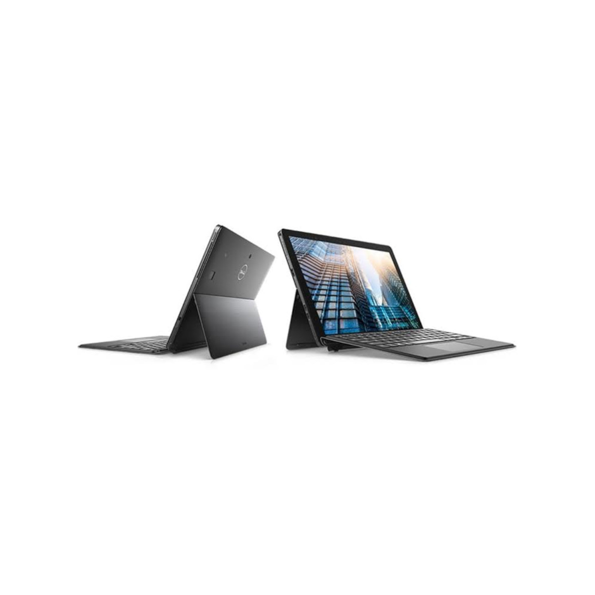 Zwei schwarze 2-in-1-Laptops auf weißem Hintergrund, einer zeigt das Display und einer die Rückseite.