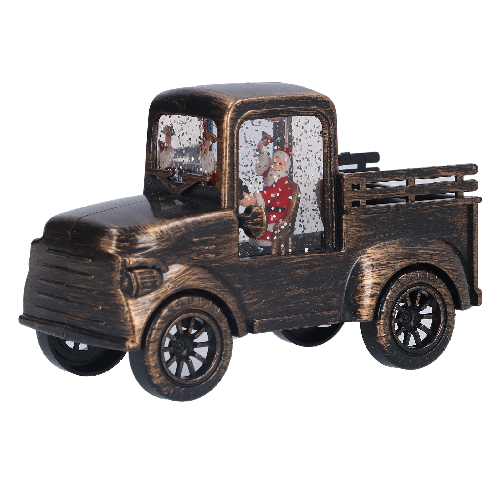 Ein antiker bronzefarbener Spielzeuglastwagen mit Glitzer und einer Weihnachtsmann-Figur in der Kabine vor weißem Hintergrund.