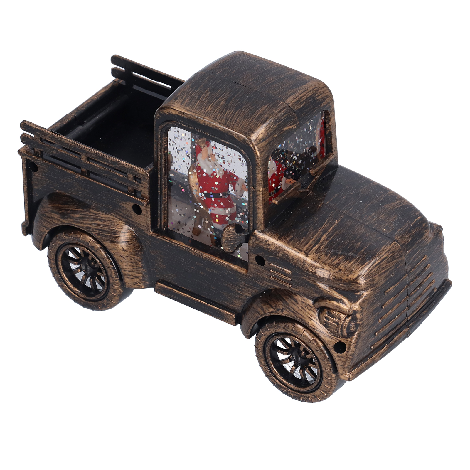 Antik bronzefarbener Spielzeug-Weihnachtstruck mit Schneekugel im Führerhaus, gefüllt mit glitzerndem Wasser.