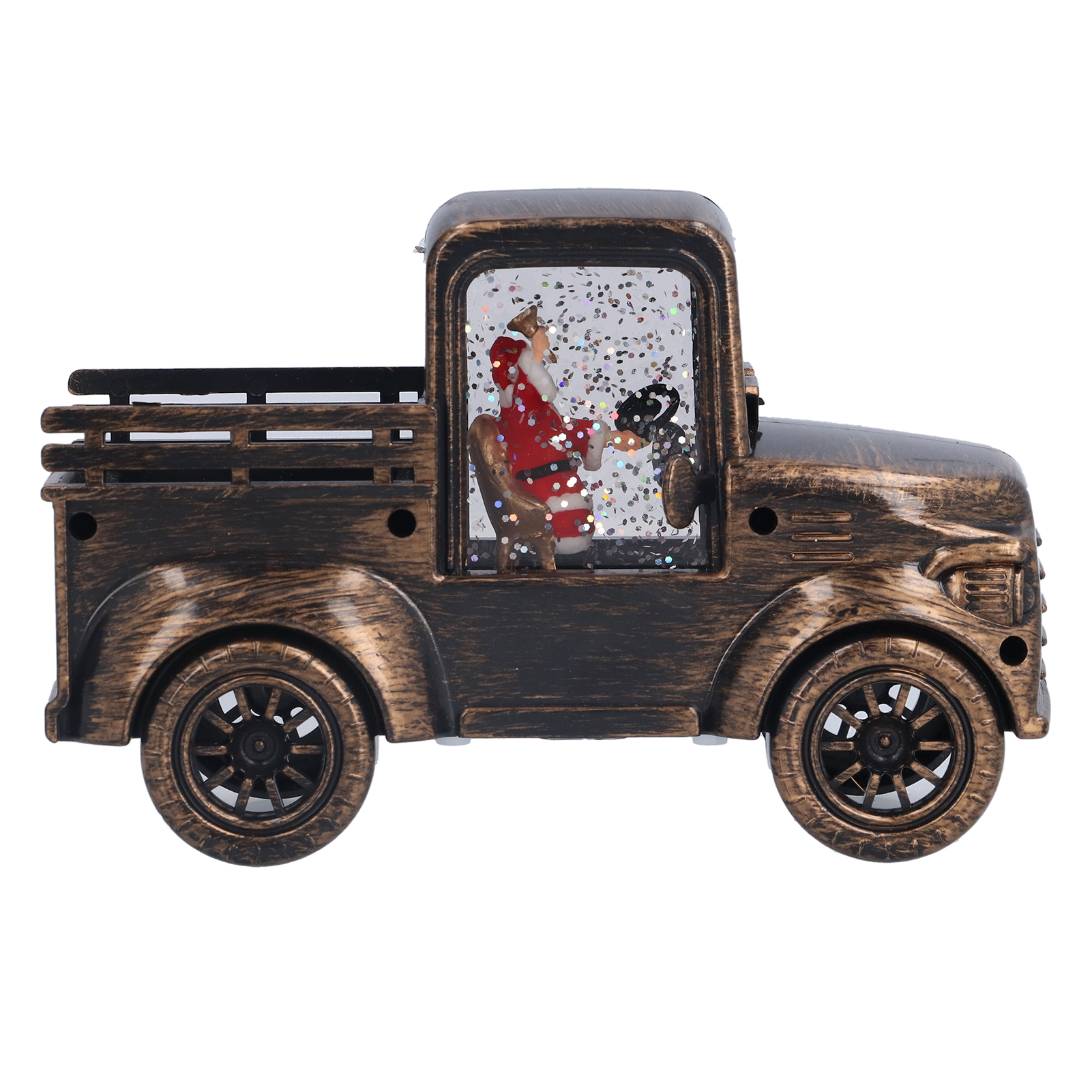 Antiker bronzefarbener Spielzeug-Pick-up mit einer glitzernden Weihnachtsmann-Figur als Fahrer.