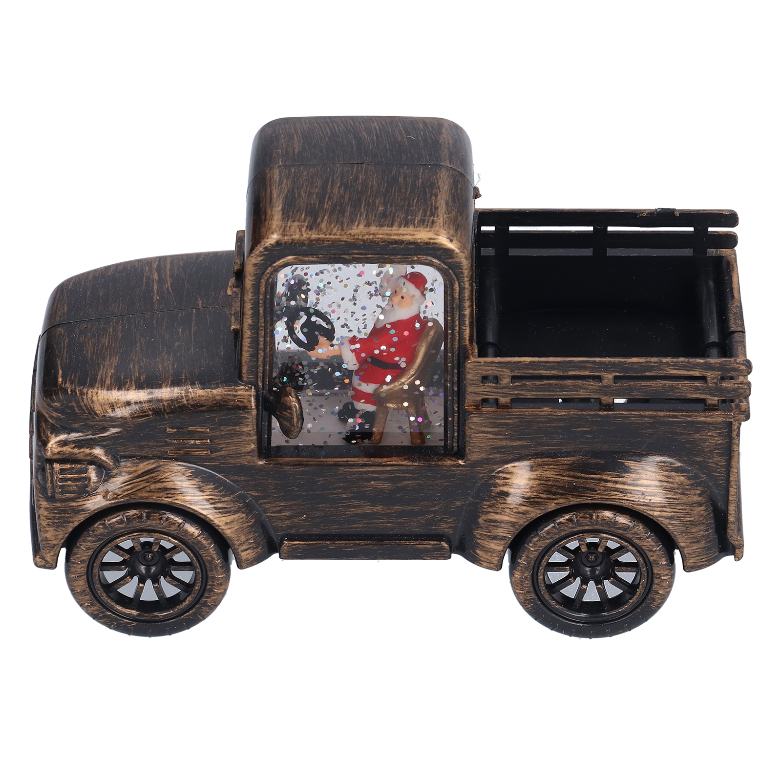 Ein antikes, bronzefarbenes Spielzeugauto mit Santa Claus im Inneren, umgeben von funkelndem Glitzer.