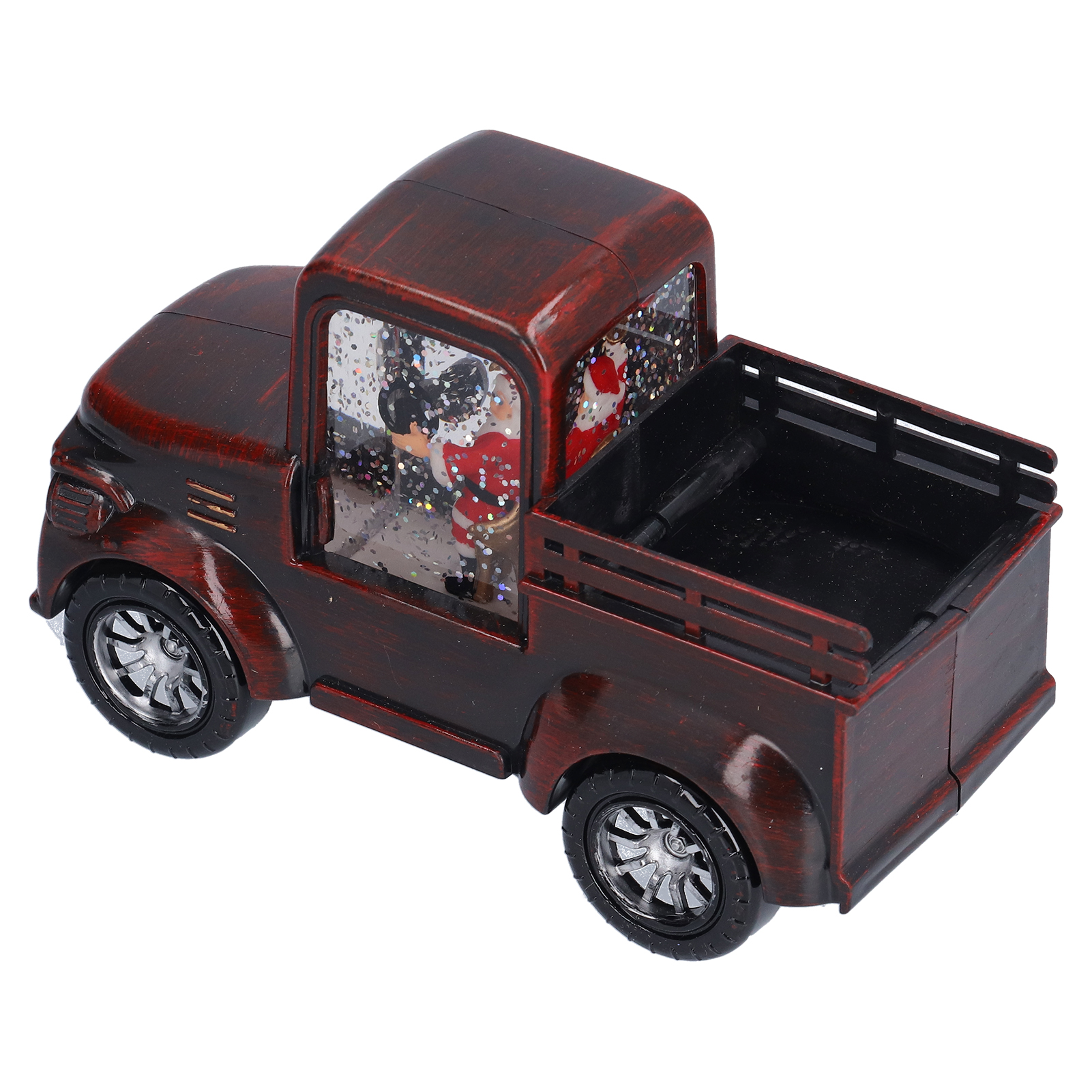 Ein dunkelroter Spielzeug-Oldtimer mit silbernen Rädern und Schneekugel-Kabine mit Weihnachtsmann.