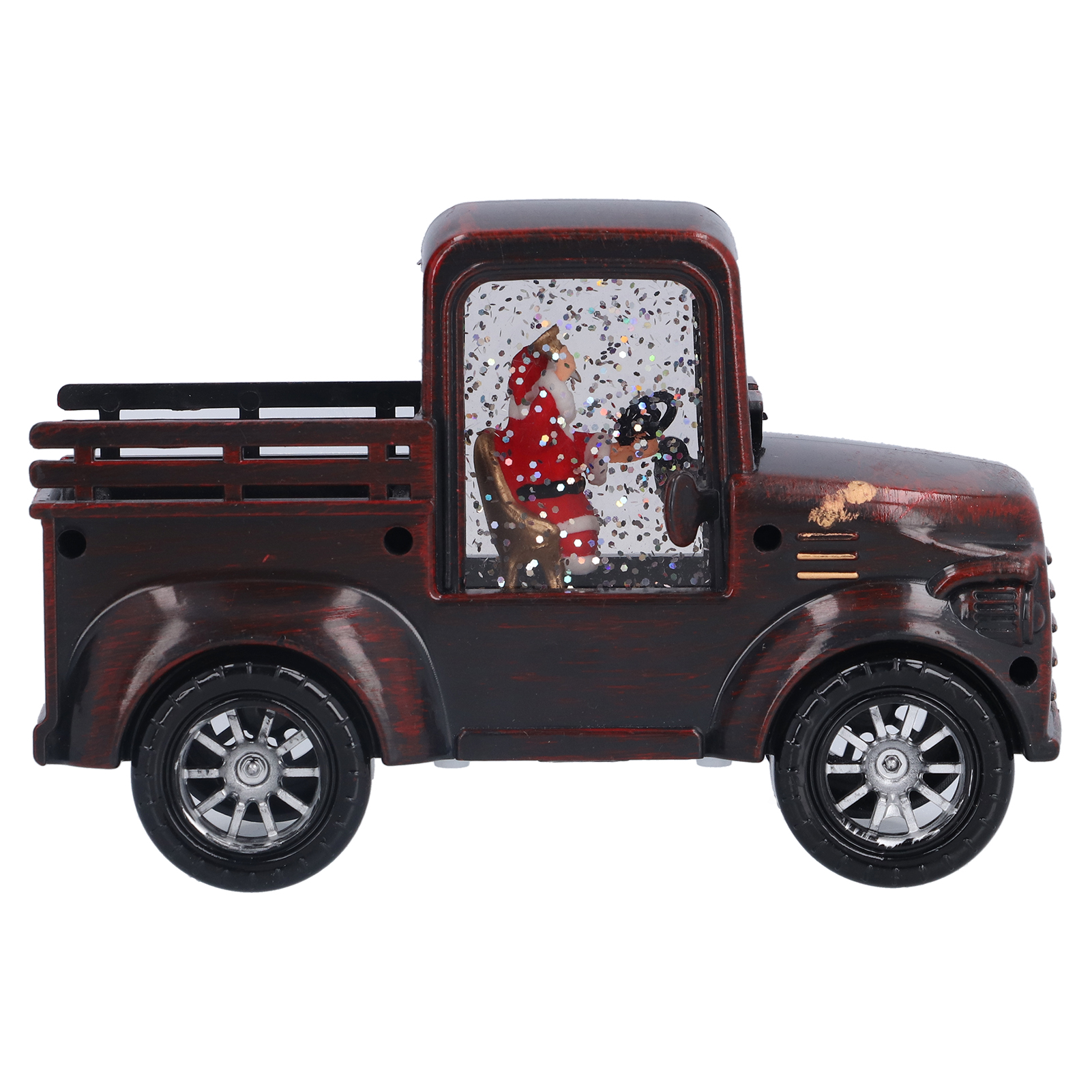 Ein rotes Spielzeugauto mit Weihnachtsmann im Schnee-Design.