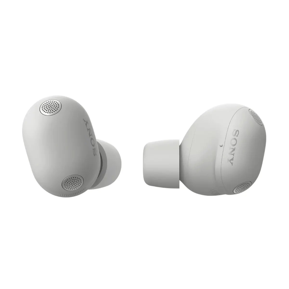 Twee witte Sony in-ear koptelefoons tegen een witte achtergrond.