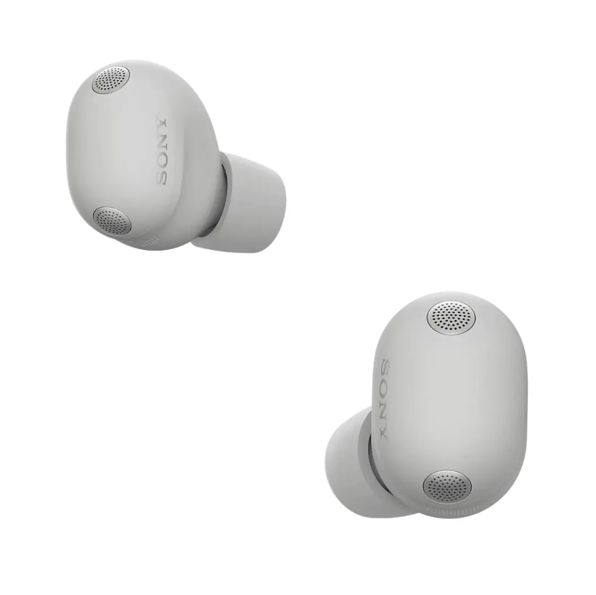 Twee witte Sony in-ear oordopjes met zilveren speakergrilles op een witte achtergrond.