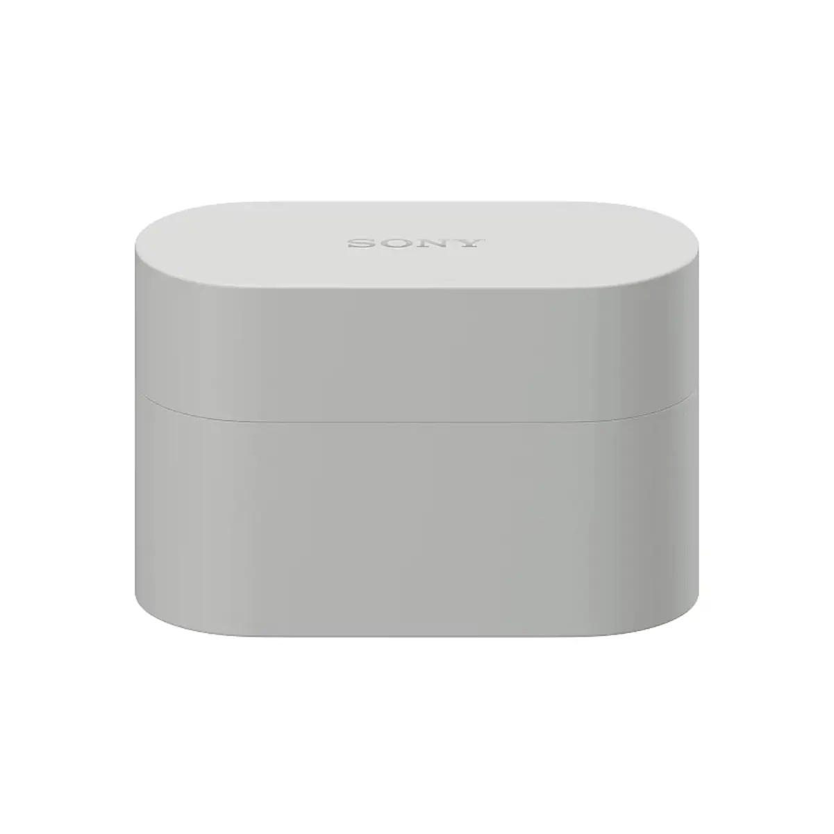 Een grijze, ovale Sony-oplaadcase staat op een witte achtergrond.
