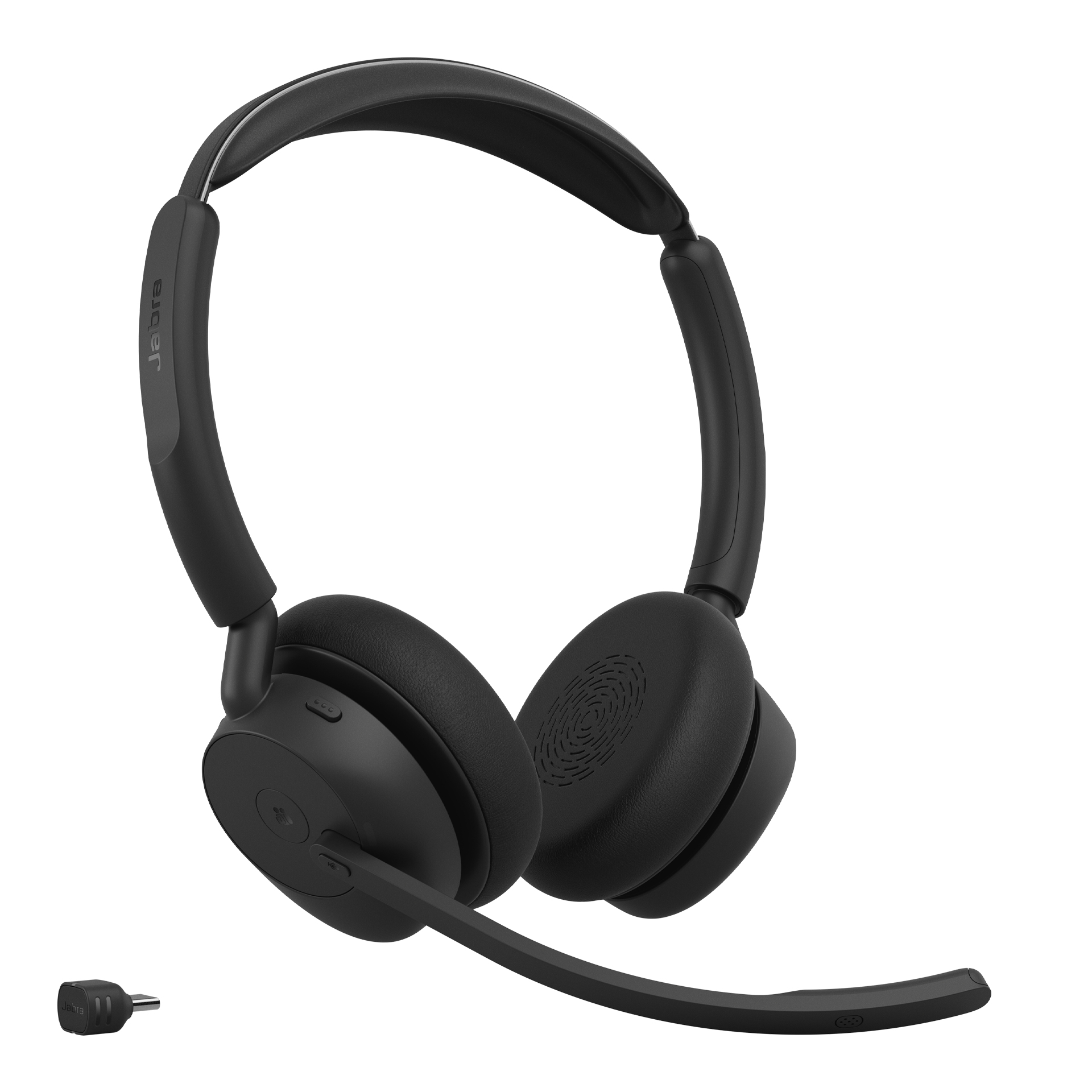 Schwarze kabellose Jabra-On-Ear-Kopfhörer mit Mikrofonarm und USB-Dongle auf weißem Hintergrund.
