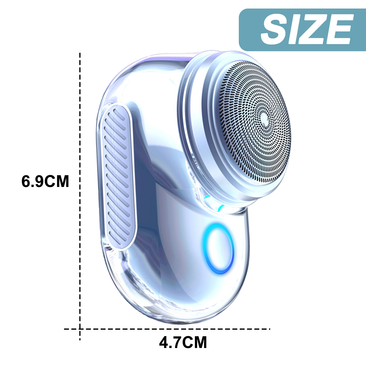 Tragbarer blauer Fusselrasierer mit Maßen von 6,9 cm Höhe und 4,7 cm Breite vor weißem Hintergrund.