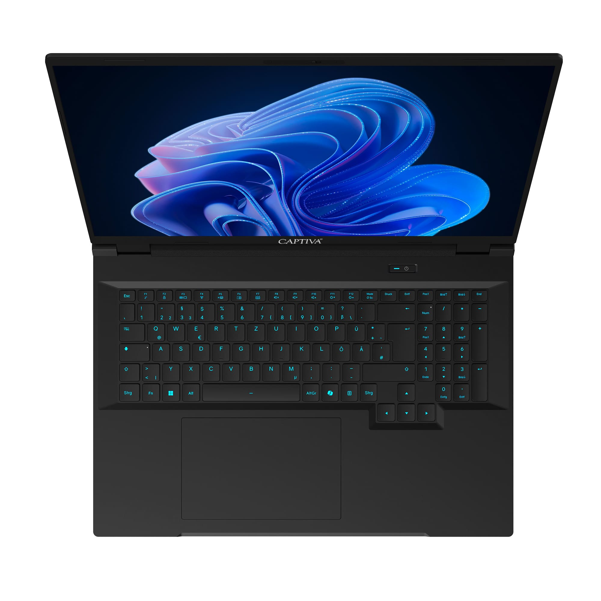 Ein schwarzer Captiva-Laptop mit blauem Wellen-Hintergrundbild und deutscher QWERTZ-Tastatur in der Frontalansicht.