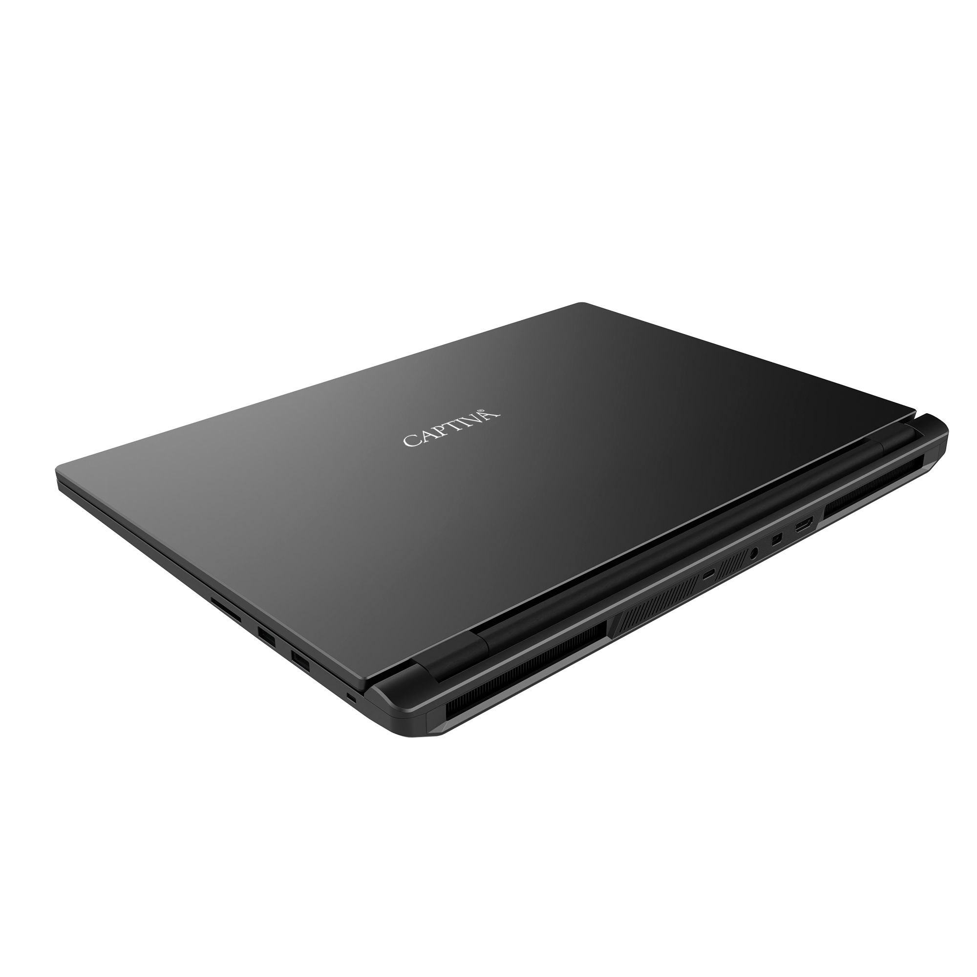 Ein geschlossener schwarzer Captiva-Laptop vor weißem Hintergrund.