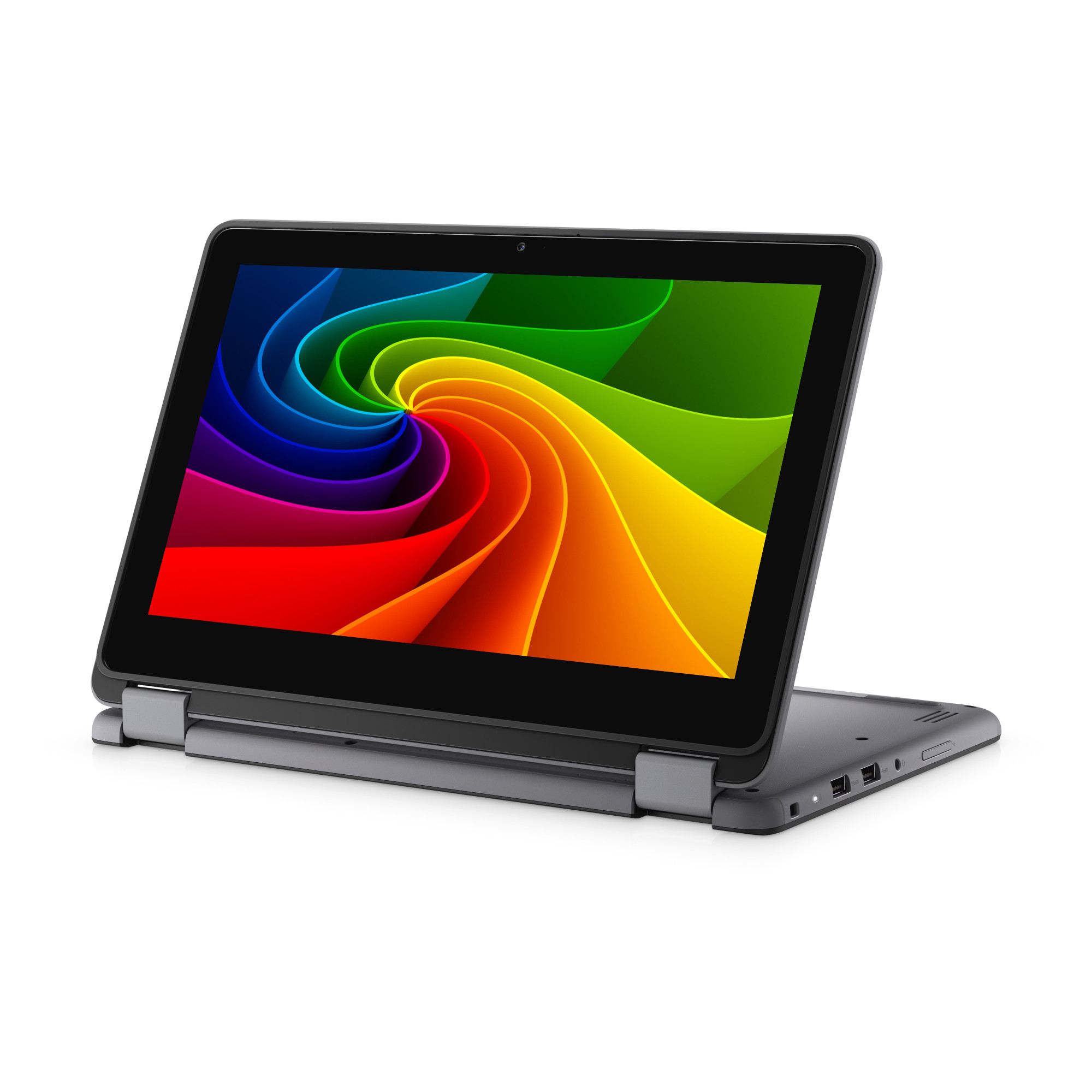 Ein grauer Laptop mit dem Bildschirm im Zeltmodus zeigt ein farbenfrohes Wirbelmuster vor weißem Hintergrund.
