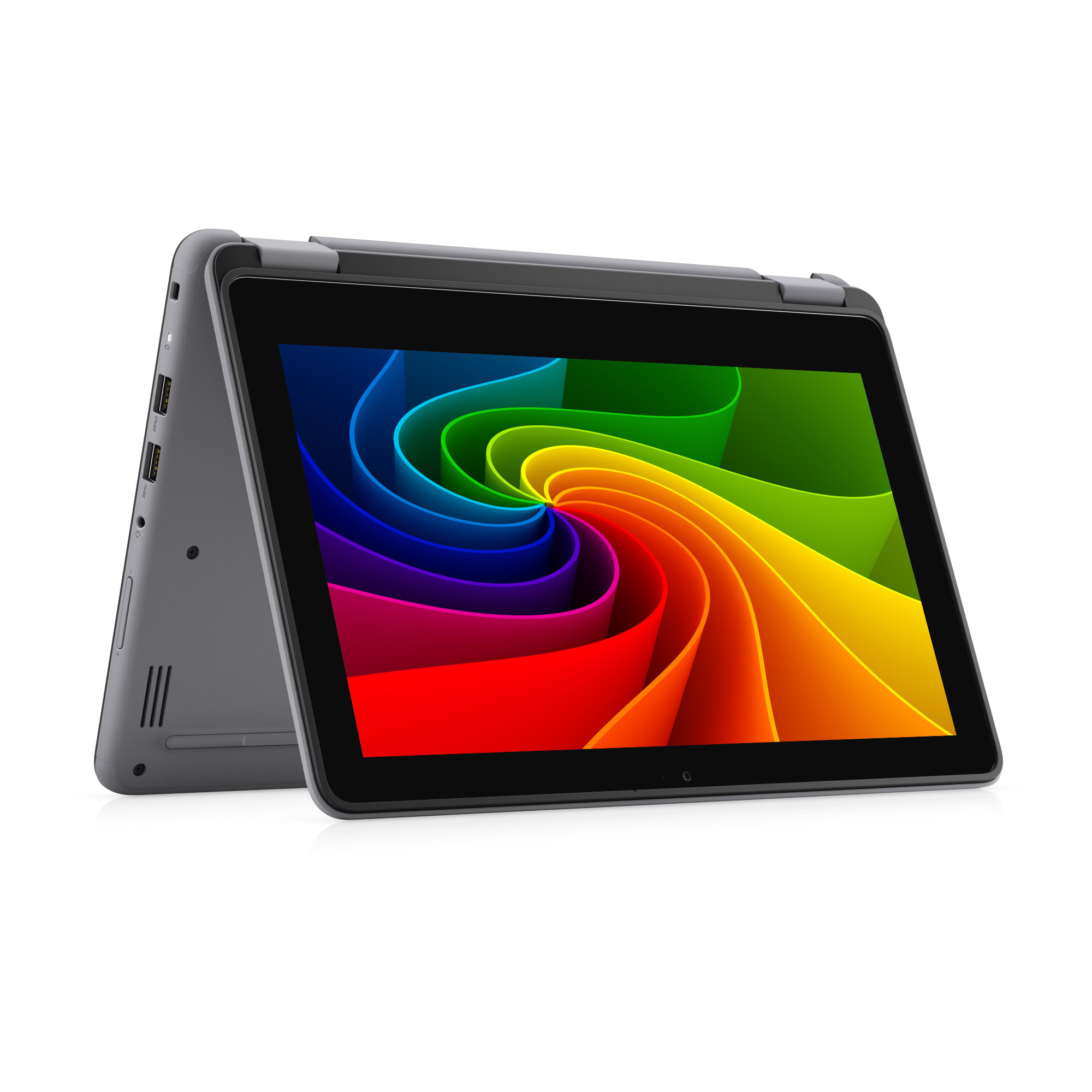 Grauer Laptop im Zeltmodus mit einem bunten Regenbogenspiral-Hintergrundbild.