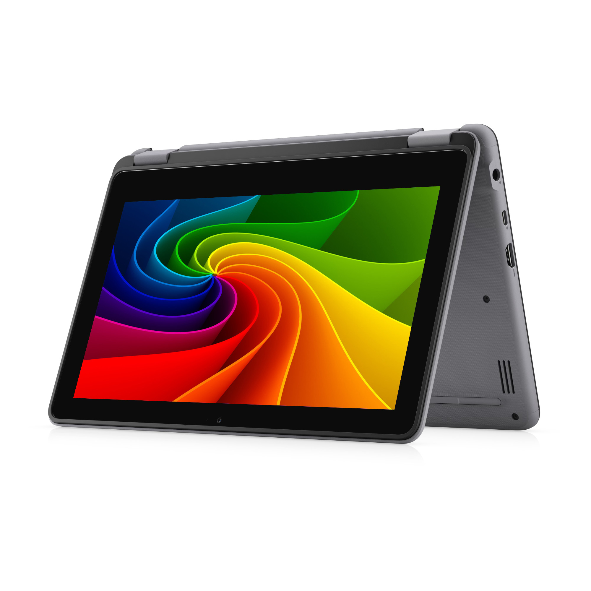 Ein grauer Laptop im Zeltmodus zeigt einen bunten Regenbogen-Spiralhintergrund auf einem weißen Hintergrund.