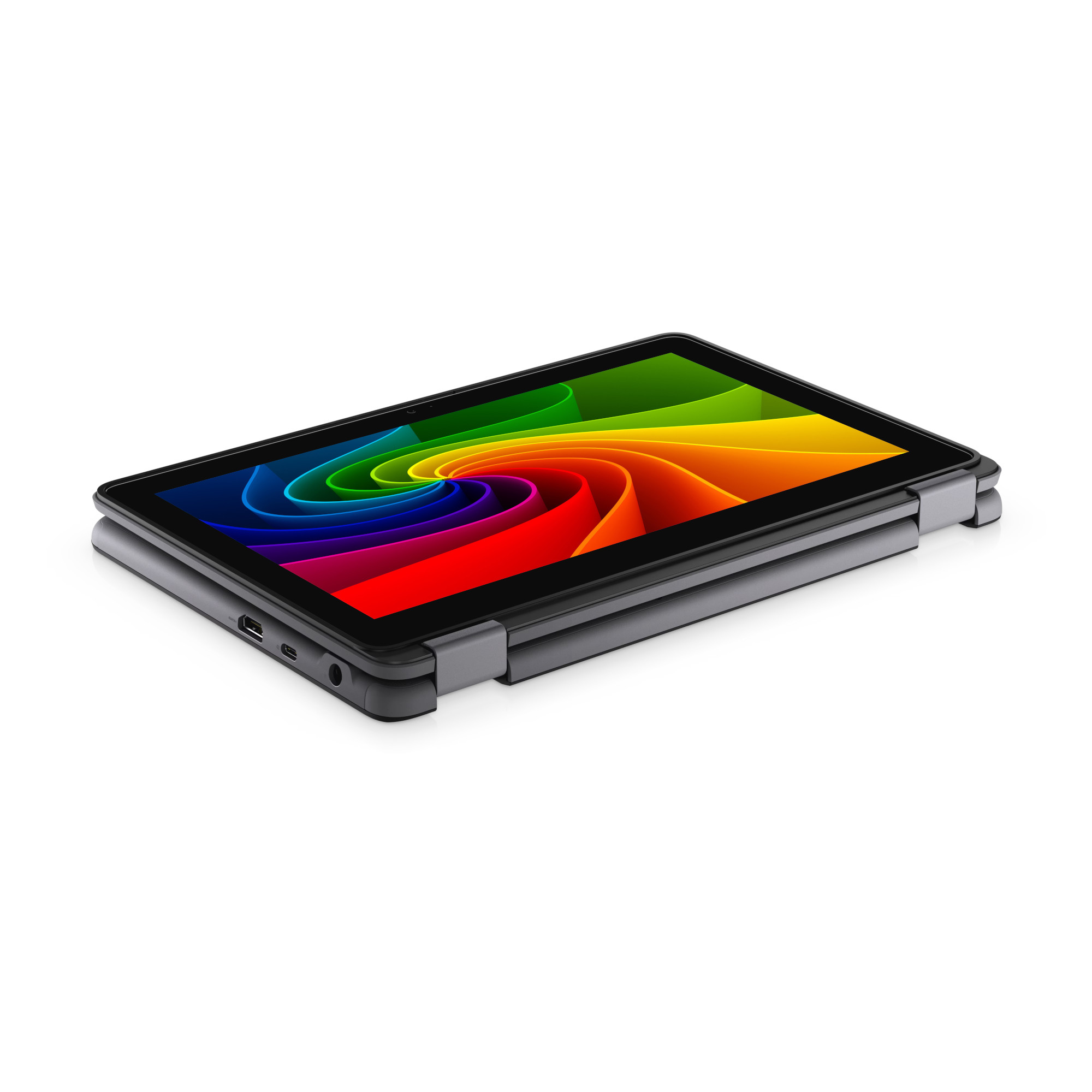 Ein geschlossenes graues Convertible-Laptop auf weim Hintergrund zeigt einen bunten Wirbel auf dem Bildschirm.