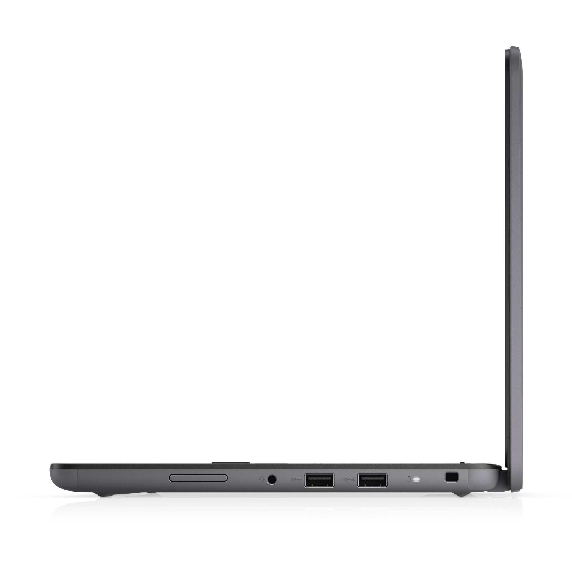 Seitenansicht eines grauen Laptops mit Anschlüssen auf weißem Hintergrund.