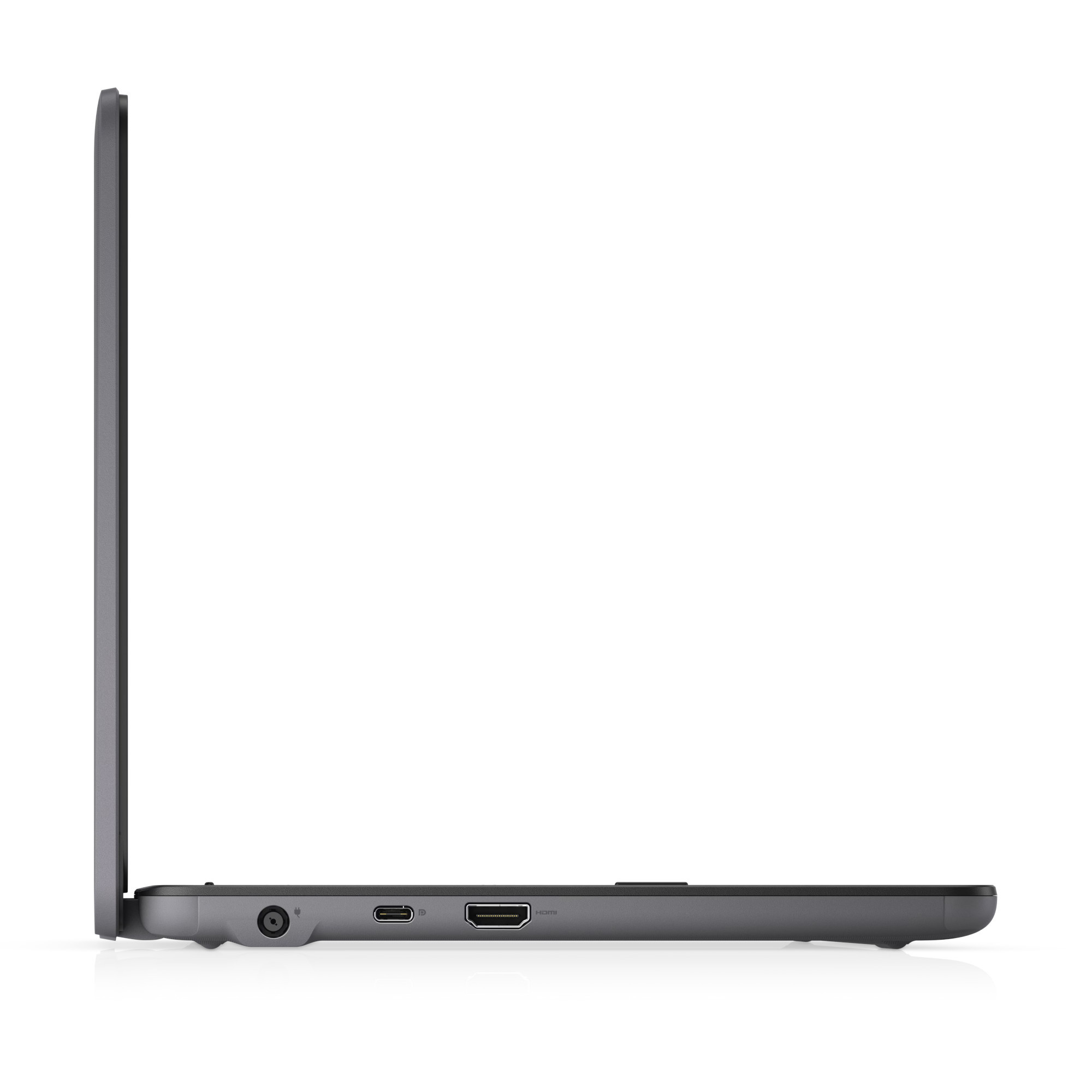 Seitenansicht eines geschlossenen grauen Laptops mit Anschlüssen auf weißem Hintergrund.