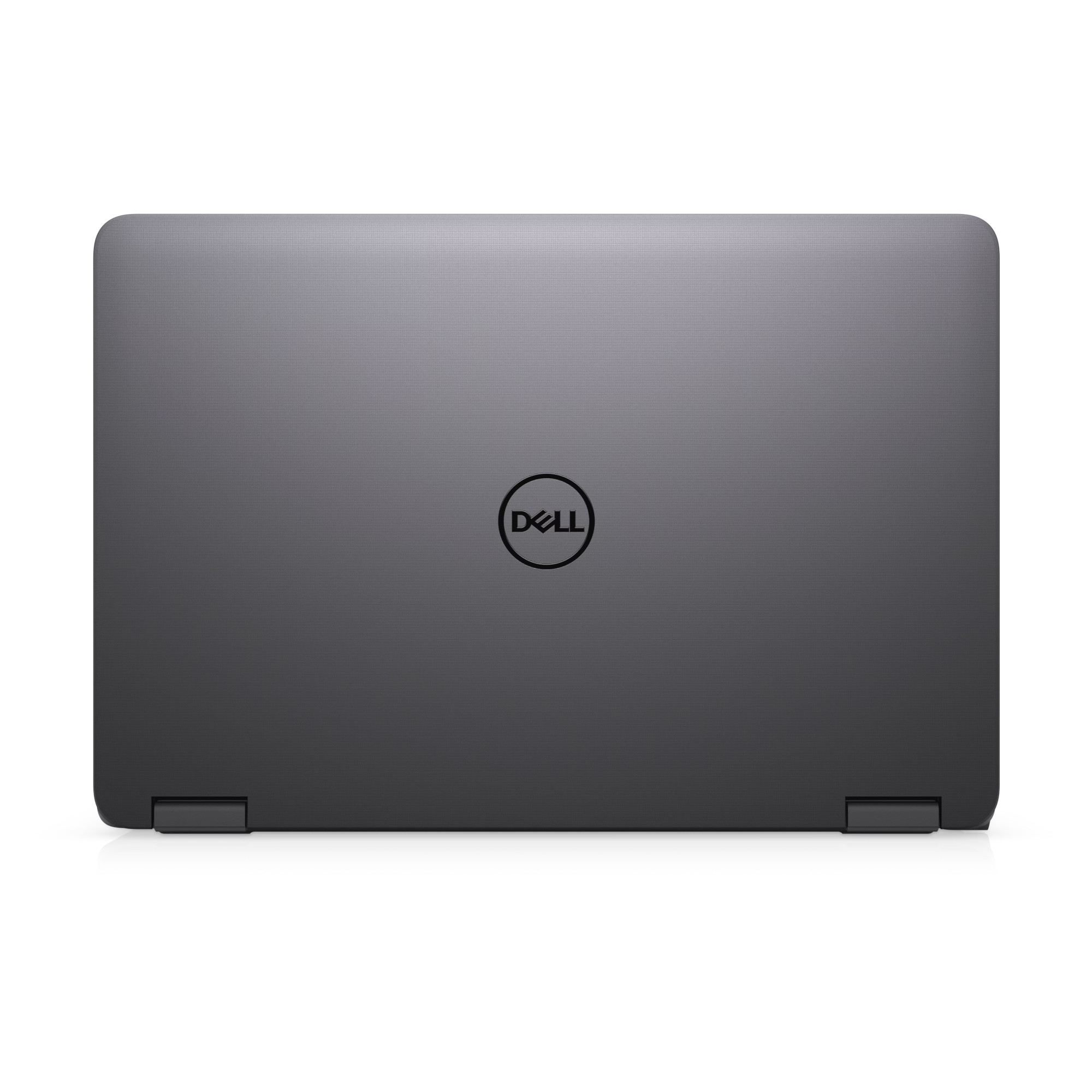 Geschlossener grauer Dell Laptop mit dezenter Musterung und zentriertem runden Logo auf der Vorderseite.