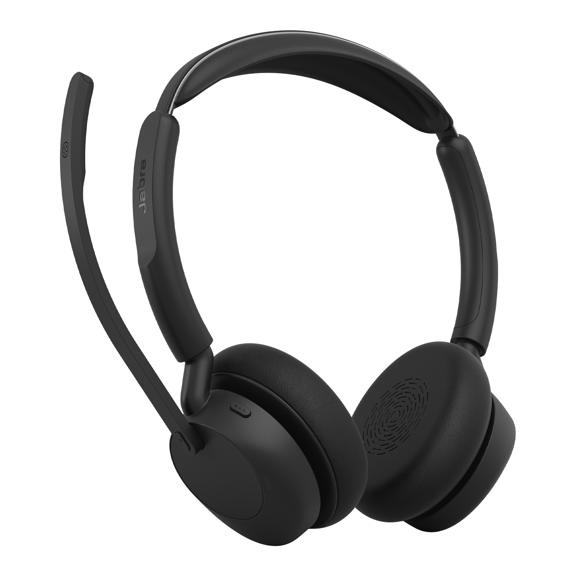 Schwarzes Jabra-On-Ear-Headset mit gepolstertem Bügel und Mikrofonarm auf weißem Grund.
