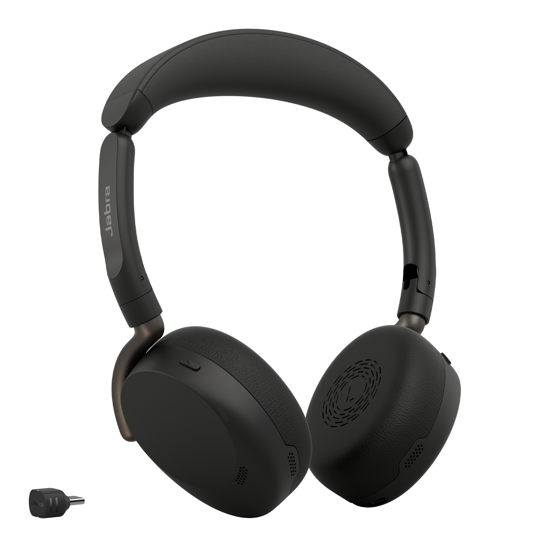 Schwarze Jabra-Bügelkopfhörer mit gepolstertem Kopfband und Ohrpolstern auf weißem Hintergrund, mit kleinem Adapter.