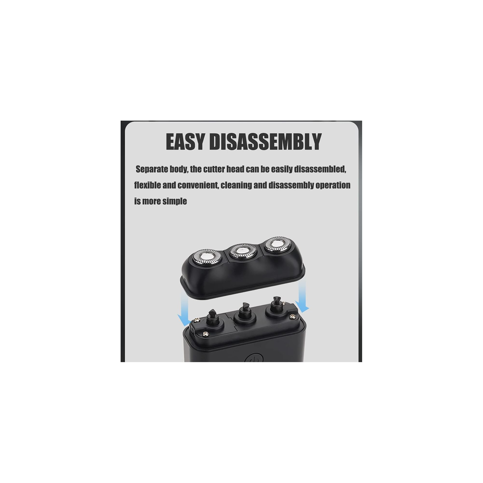 Ein Rasierer mit abnehmbarem Dreifach-Scherkopf, beschriftet mit Easy Disassembly.
