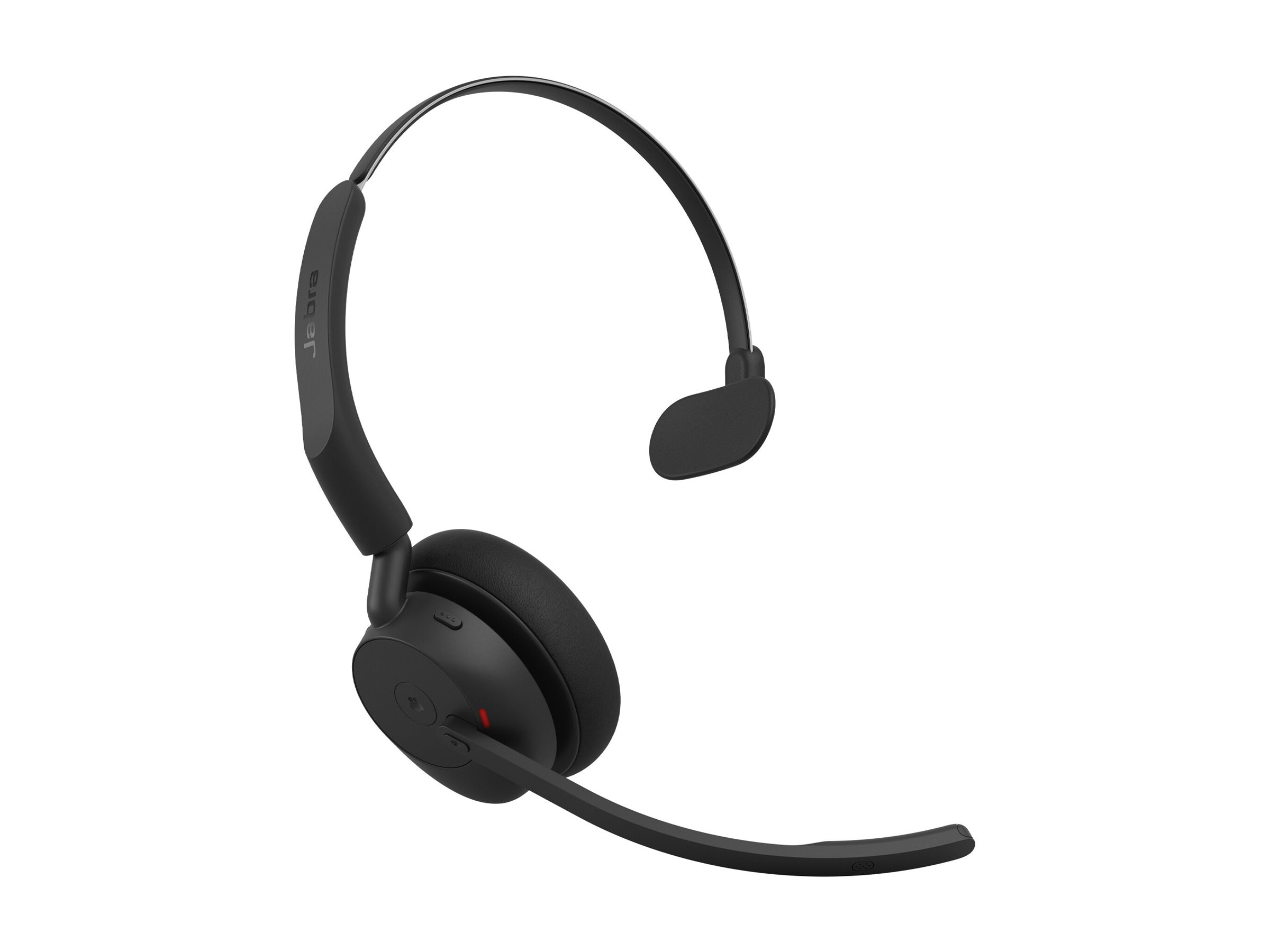 Ein schwarzes Jabra-Ein-Ohr-Headset mit Mikrofonarm und gepolsterter Ohrmuschel vor einem weißen Hintergrund.