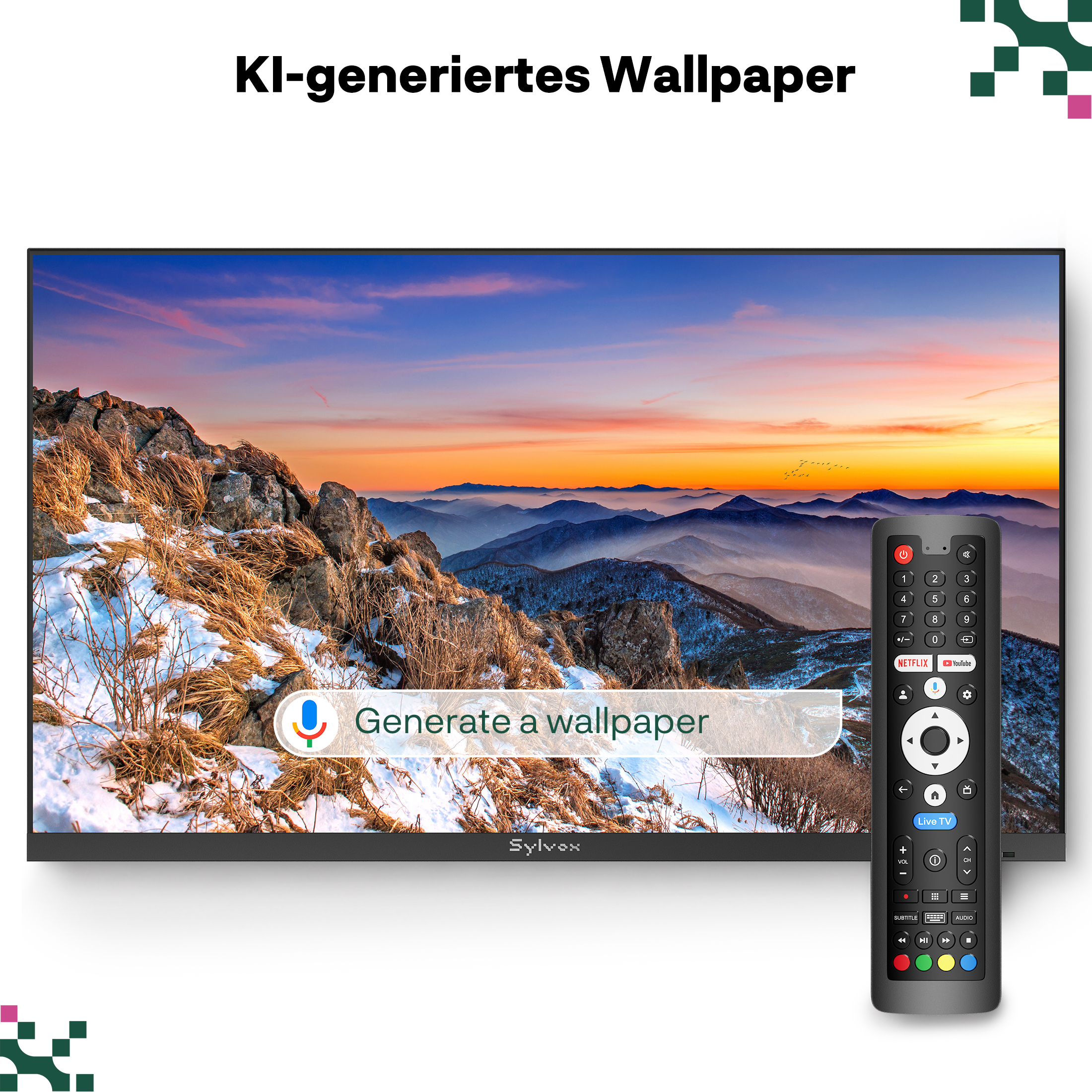 Un televisor con un fondo de pantalla de montaña, un control remoto al lado y una barra de comandos de voz.