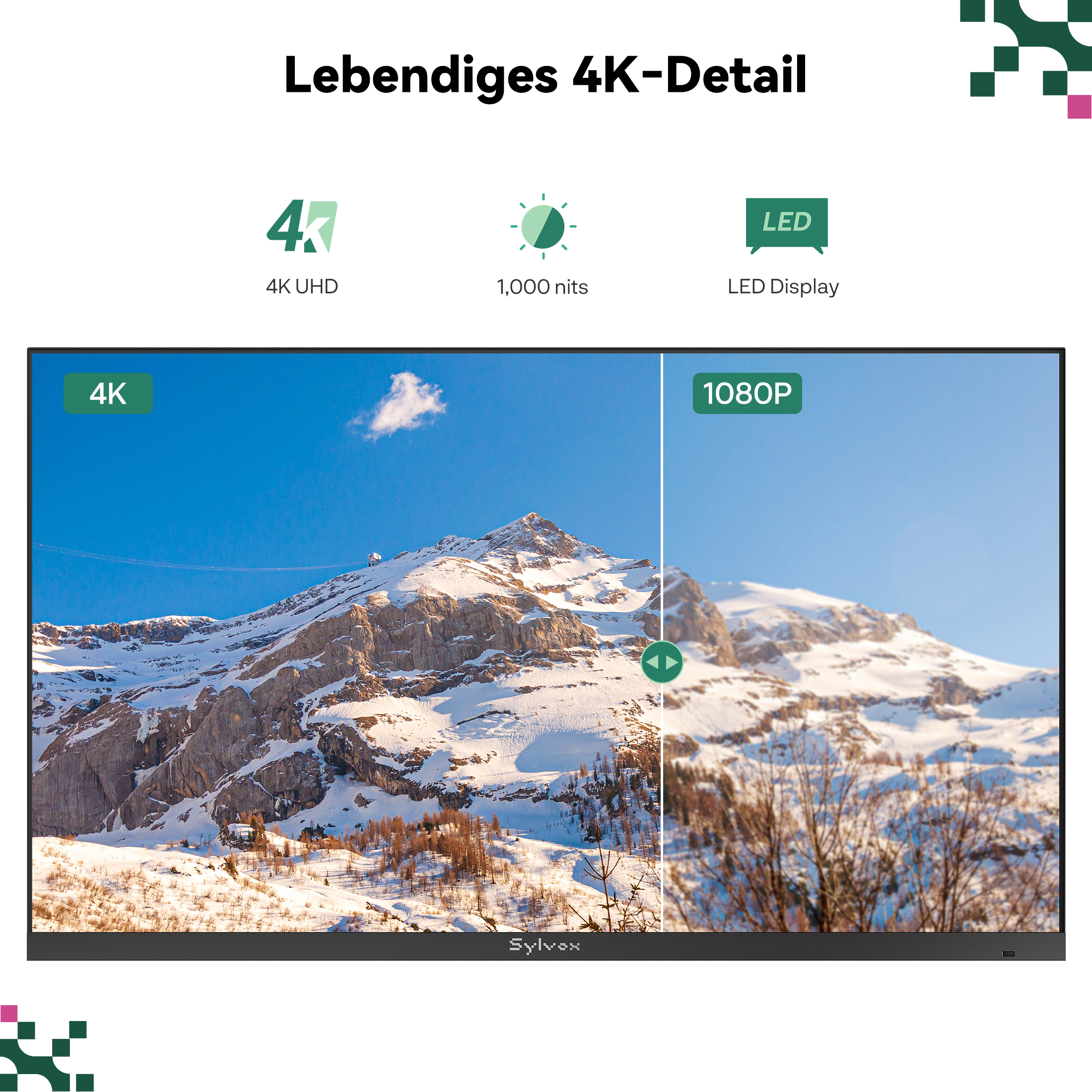 Comparación entre la calidad de imagen 4K UHD y 1080p con montañas nevadas.