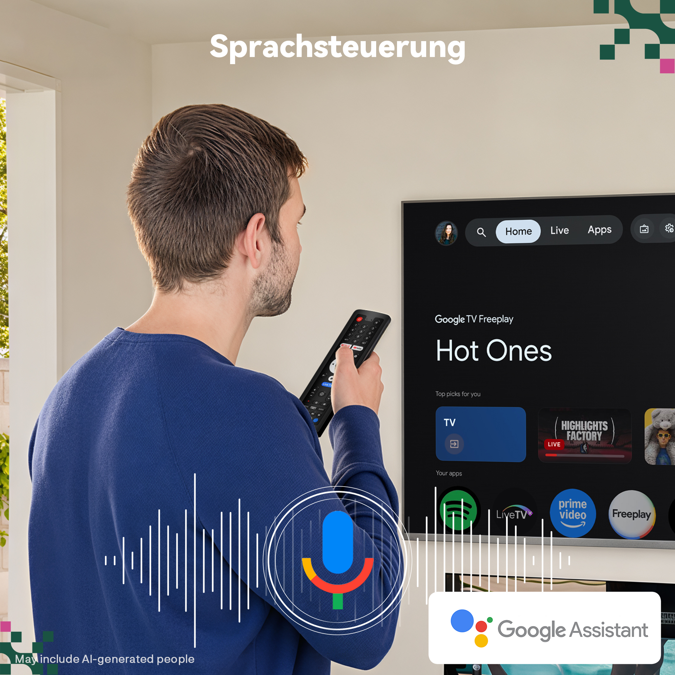 Un hombre con suéter azul sostiene un control remoto ante una pantalla de Google TV con control de voz.