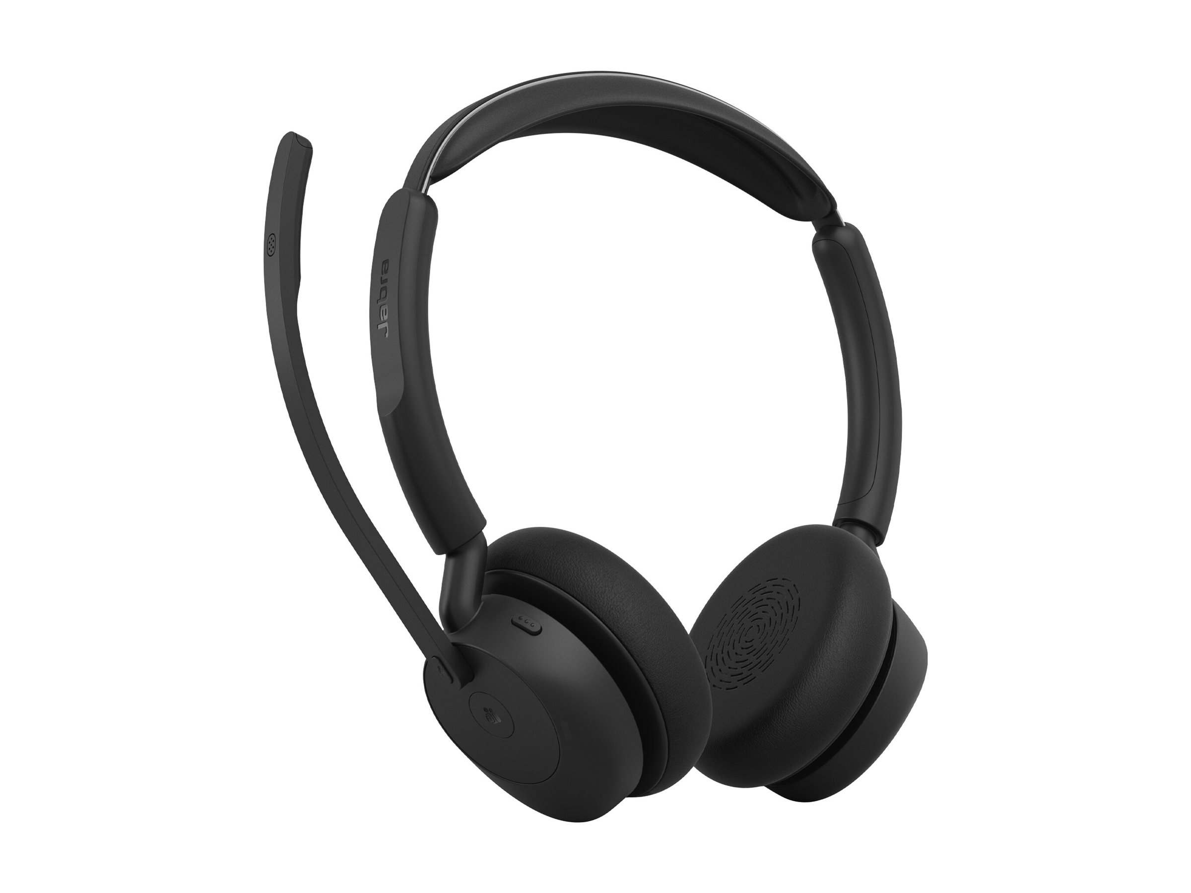 Schwarzes Jabra-Headset mit Kopfbügel und Mikrofonarm auf weißem Hintergrund.