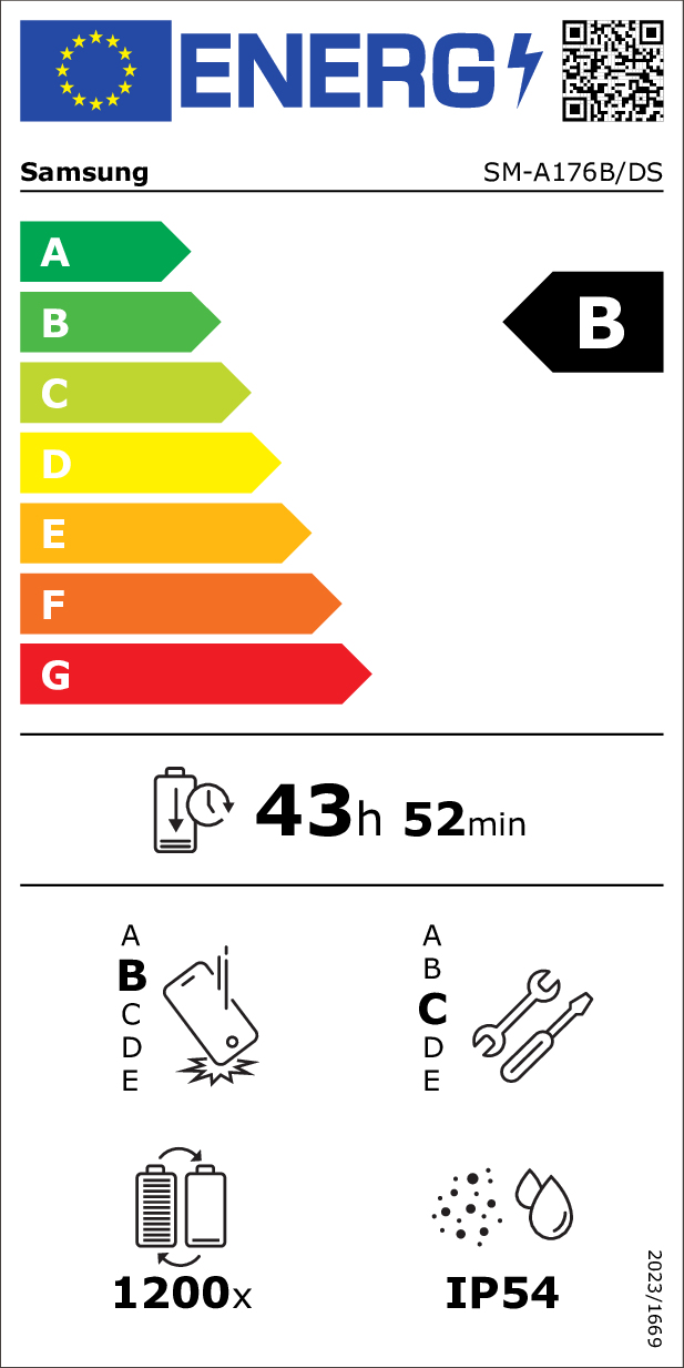 Etichetta energetica smartphone Samsung classe B, autonomia 43h 52min e grado di protezione IP54.
