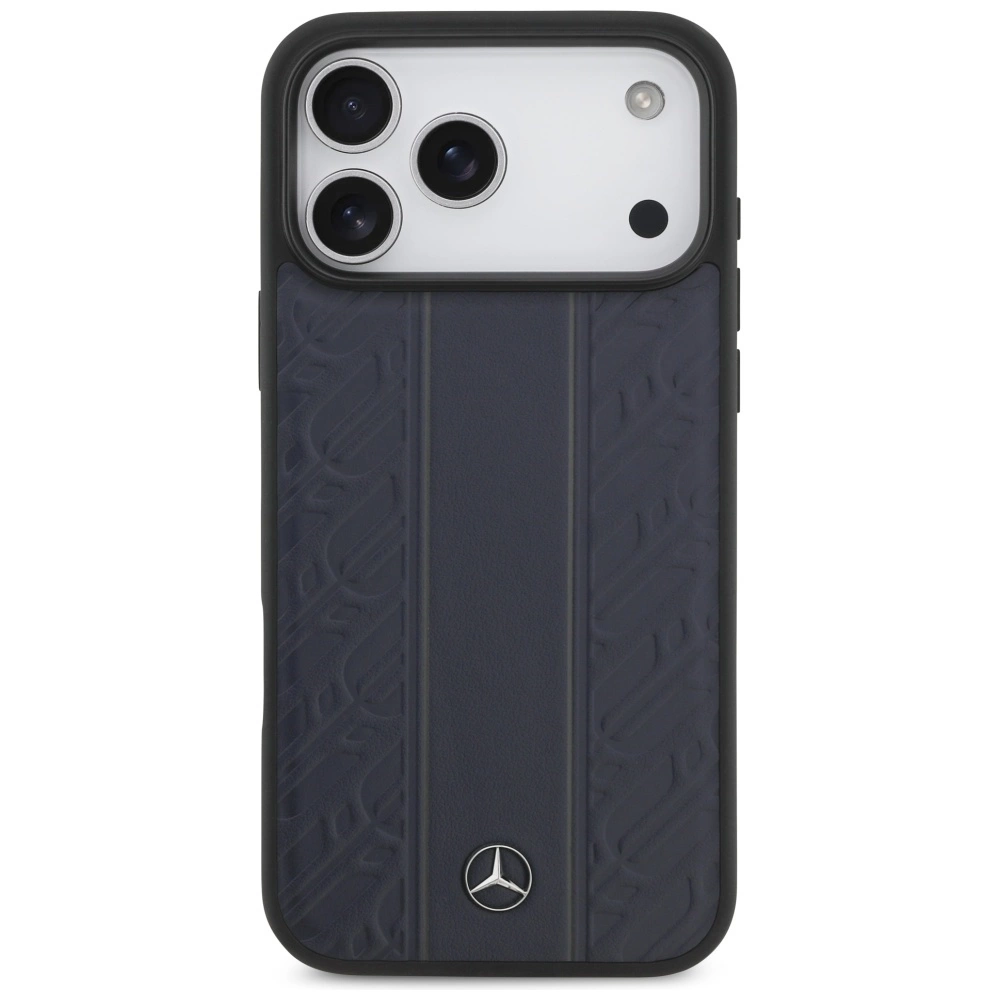 Custodia per smartphone blu con effetto pelle, logo Mercedes e ritaglio per la fotocamera.