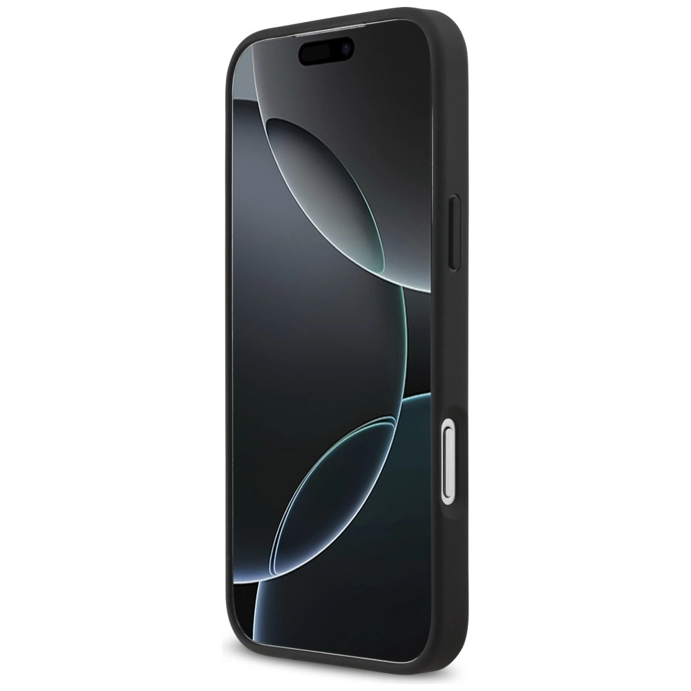 Uno smartphone nero in una custodia protettiva mostra uno sfondo astratto sullo schermo.
