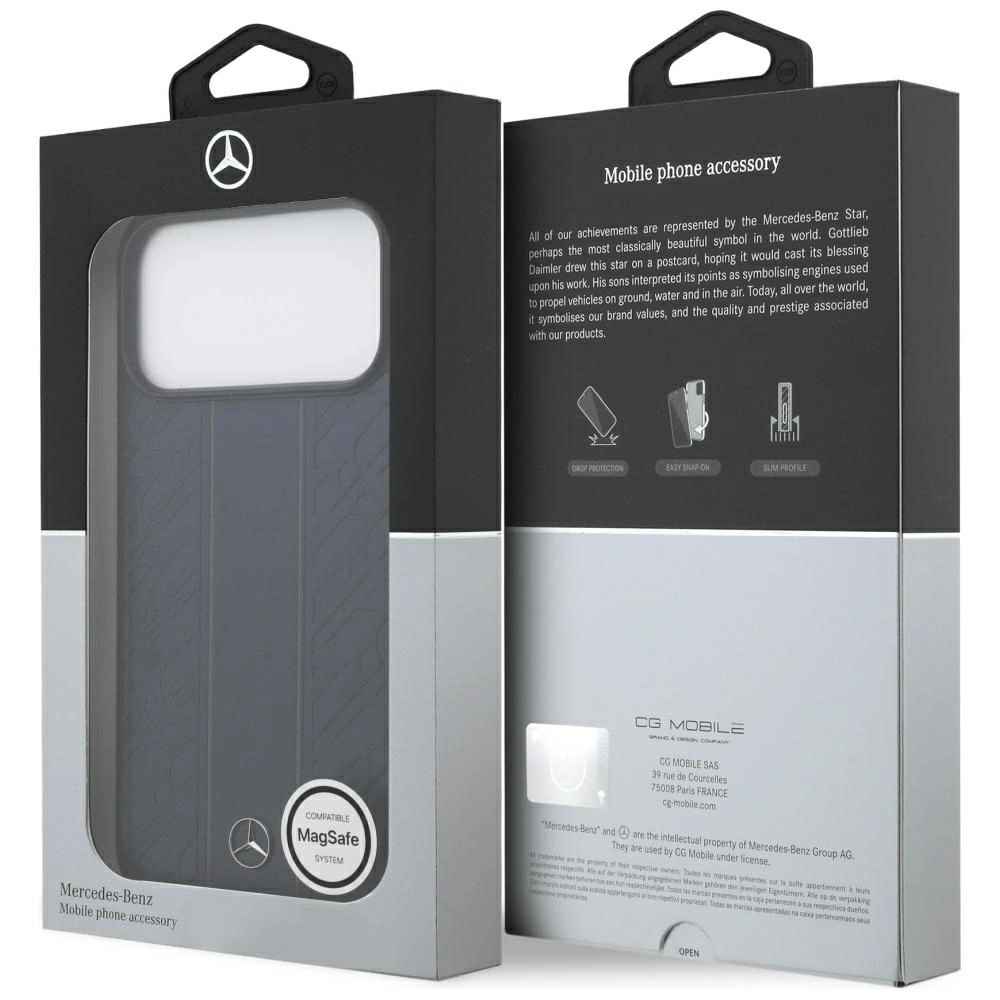 Custodia per telefono Mercedes-Benz in confezione con compatibilità MagSafe e dettagli.