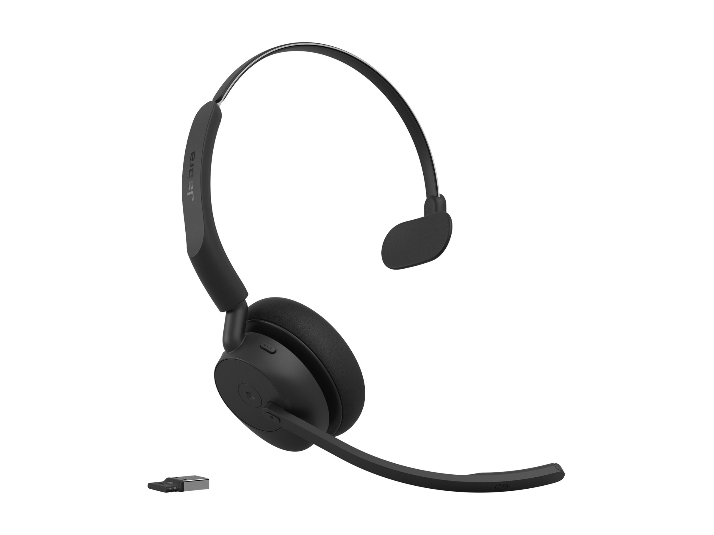 Schwarzes Jabra-On-Ear-Headset mit Mikrofonarm und USB-Dongle auf weißem Grund.
