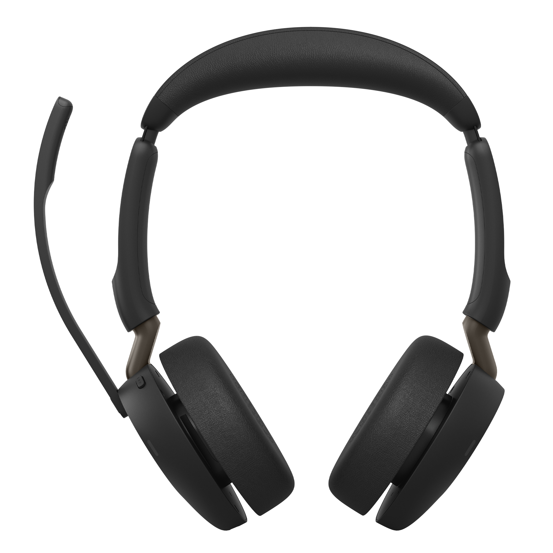 Ein Paar schwarze Over-Ear-Kopfhörer mit Mikrofonarm auf der linken Seite vor weißem Hintergrund.