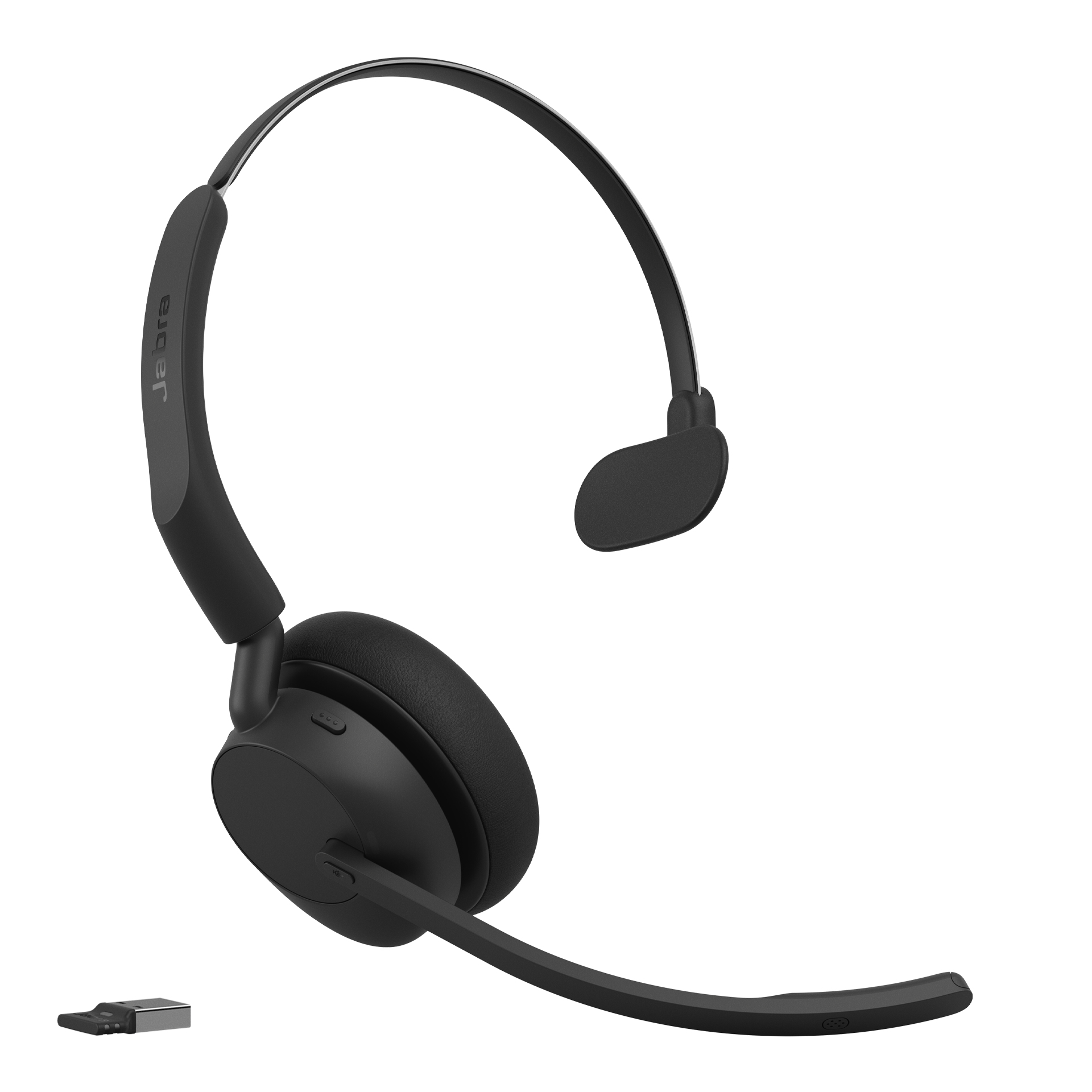 Ein schwarzes kabelloses Jabra Mono-Headset mit Mikrofonarm und USB-Adapter auf weißem Hintergrund.